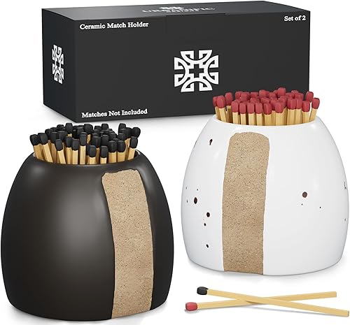 Juego de 2 soportes para fósforos con delantero, cerámica hecha a mano con acabado mate esmaltado en negro y blanco moteado, mejora la decoración