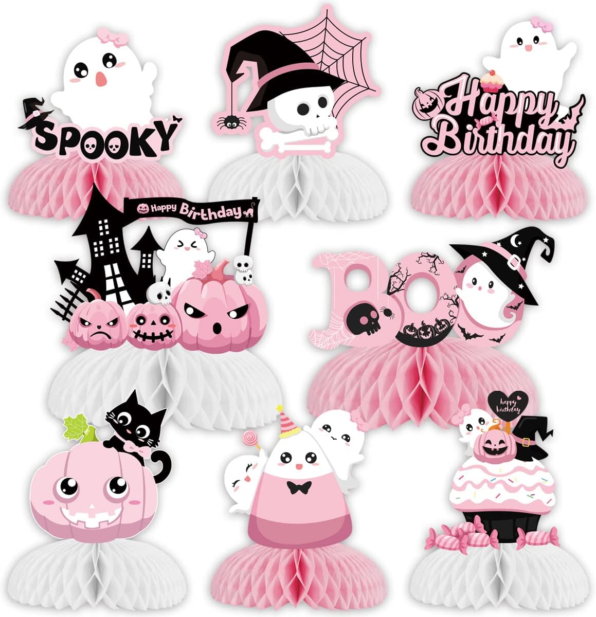 Halloween Birthday Honeycomb Centerpieces Pink Halloween Table Decorations for Birthday Party Ghost Spooky Honeycomb Pumpkin Ghost Bat hagTable Toppers for Girls 1st 2nd 3rd Halloween Birthday Party