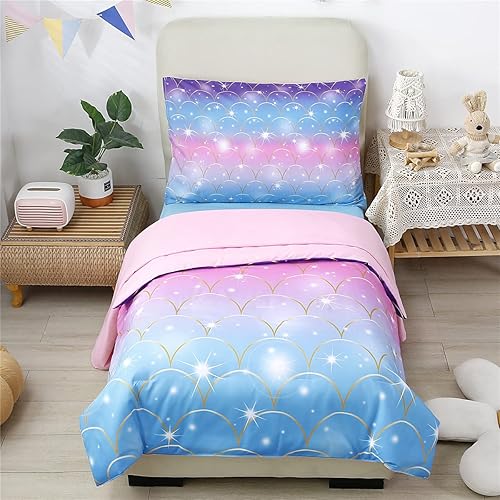 Miniatura 10 de URBONUR Juego de ropa de cama de 4 piezas para niñas con purpurina morada y naranja, juego de ropa de cama con estampado de estrellas degradadas