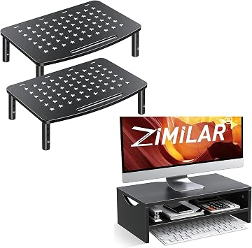 Zimilar 3 Height Adjustable Monitor Stand for 2 Monitors +2 Tiers Laptop Computer Monitor Riser for PC Screen, iMac, Desktop Wooden Screen Monitor Stand Riser with Storage
