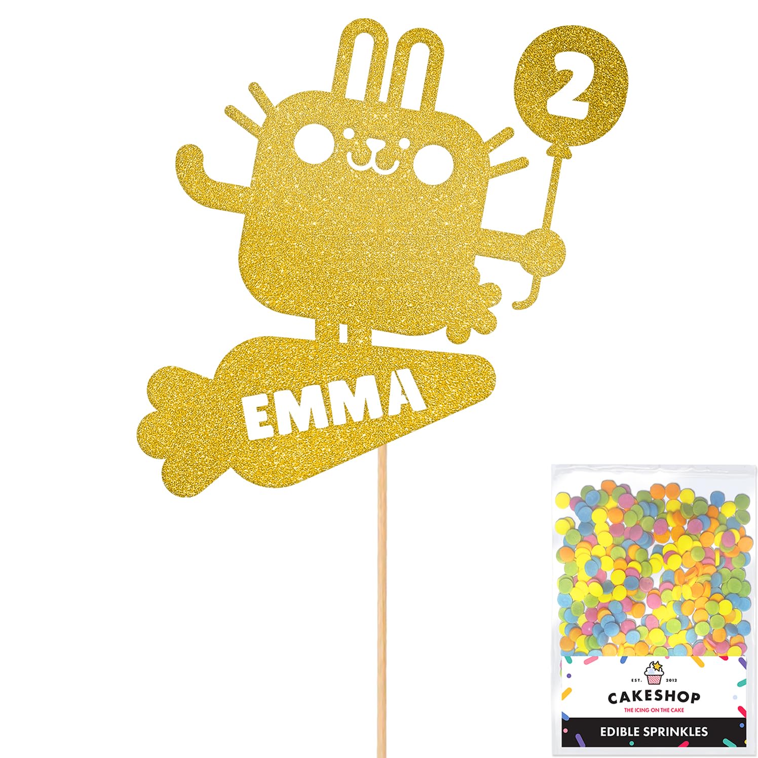 Personalised Pet Bunny Rabbit Glitter Cake Topper- Gold Any Custom Age & Name Glitter Cake Decoration and Sprinkles - Happy Birthday Decorations - Personalised Toppers for Cakes by Cakeshop