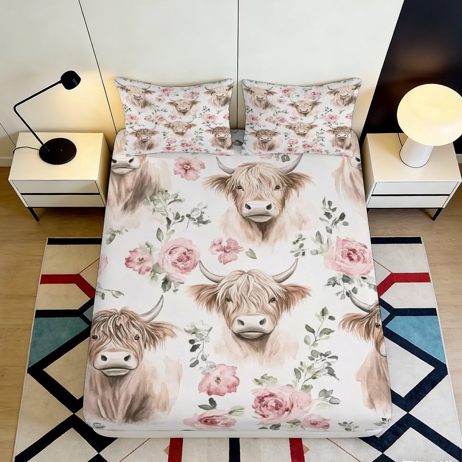 Dhbaneiok Style-1 3D Printed Highland Cow Floral Fitted Sheet Microfiber Soft Breathable Pasture Bed Cover For Bedroom Dorm Decor Mattress Protection 90X200x25cm