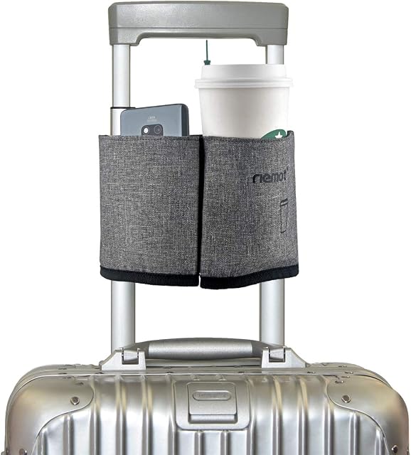 riemot Luggage Travel Cup Holder Free Hand Drink Carrier, Hold Two Coffee Mugs - Fits Roll on Suitcase Handles - Gifts for Flight Attendants Traveler Accessories Grey