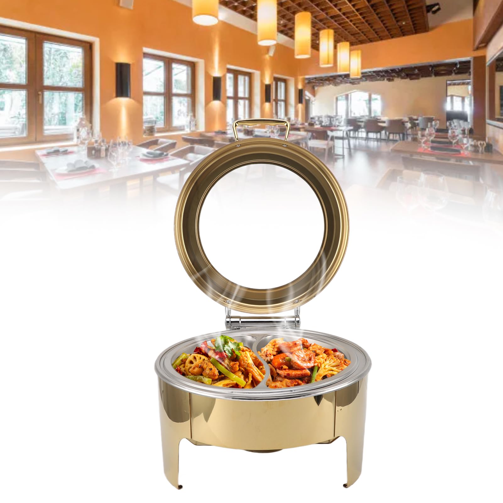 Cocoarm Plato de Frotamiento Redondo para Buffet Calentadores de Comida para Buffet Redondos de Acero Inoxidable 6L Visual Dorado Tapa Abatible de 90 Grados Calefacción con Alcohol para Hotel,