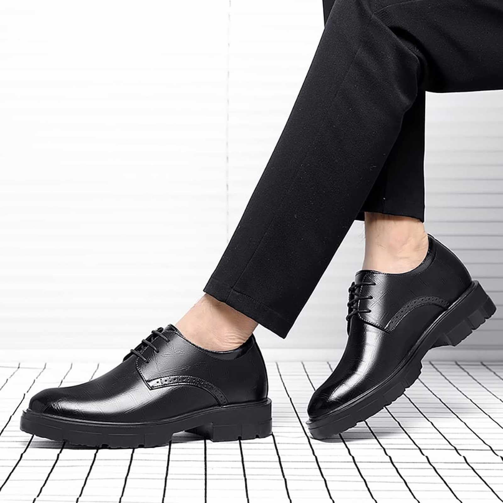 Męskie buty derby z grubą podeszwą na co dzień sznurowane oksfordy teksturowane sztuczna skóra codzienne obuwie do chodzenia inteligentne modne płaskie, Czarny, 38 EU
