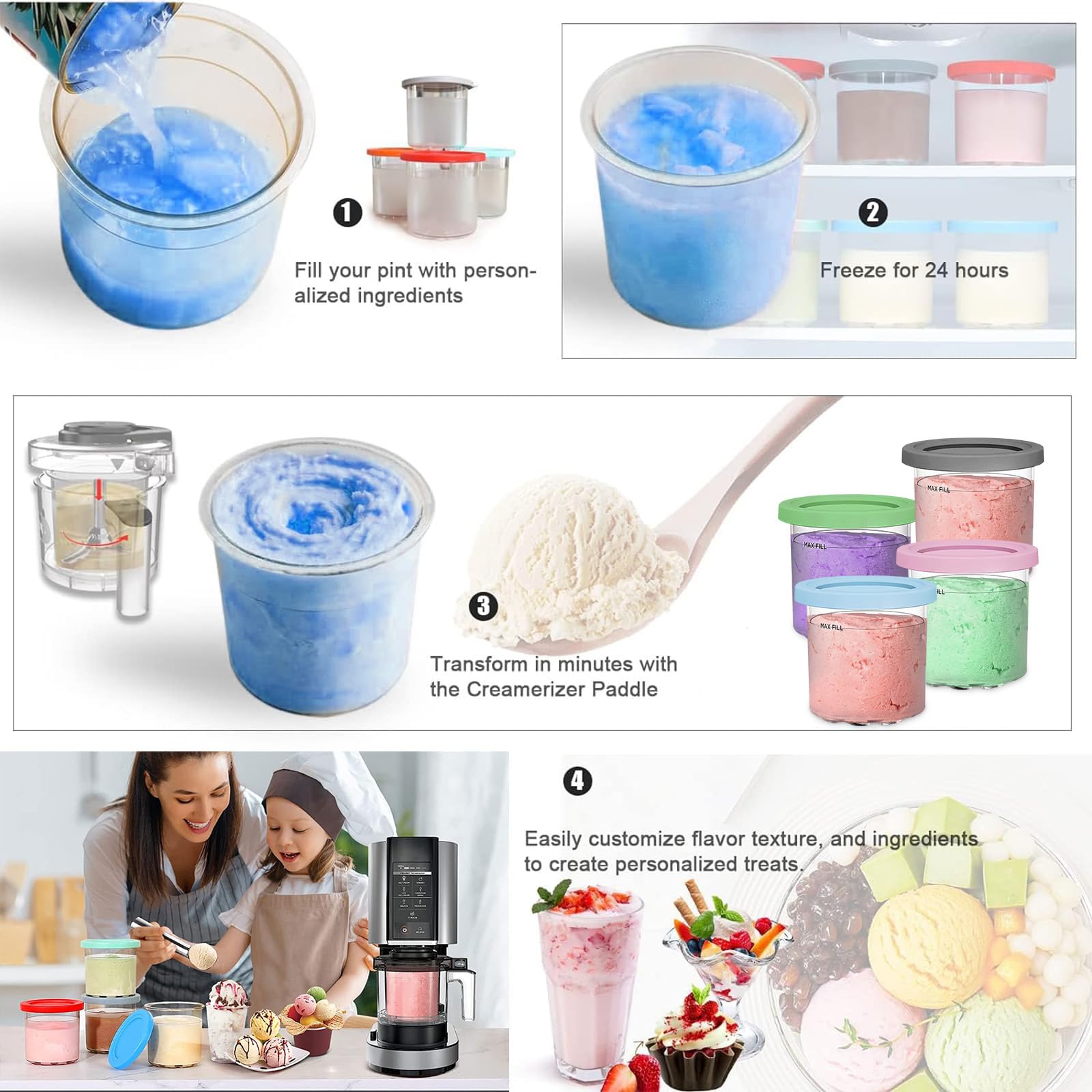COZHYESS 4er-Set Behälter Für Ninja Creami - Eisbecher Mit Löffeln, BPA-frei, Spülmaschinengeeignet