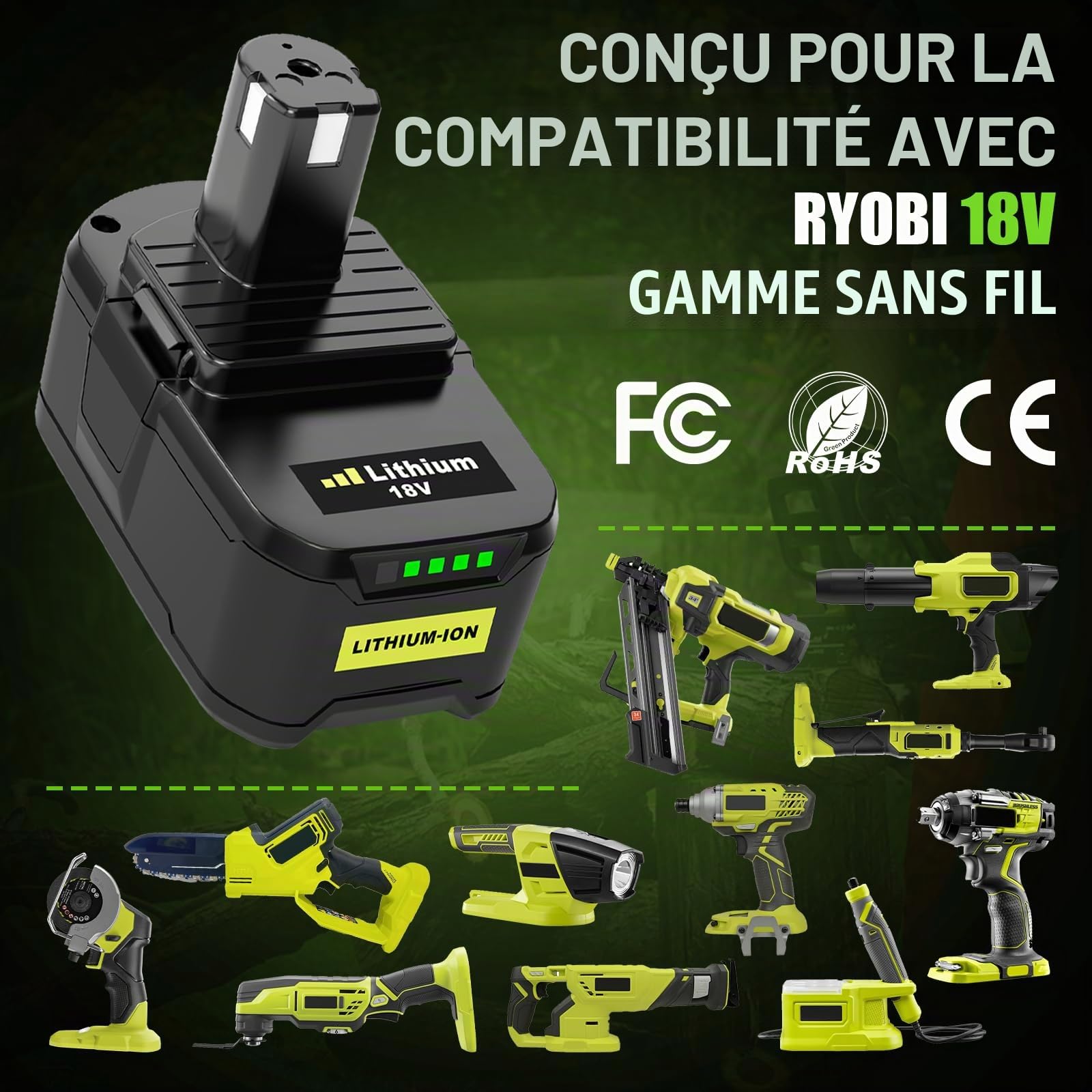 2 X 8000mAh Batterie Compatible pour Ryobi Batterie 18V RB18L13, RB18L15, RB18L20, RB18L25, RB1840X, RB1840T, RB18L50 Batterie
