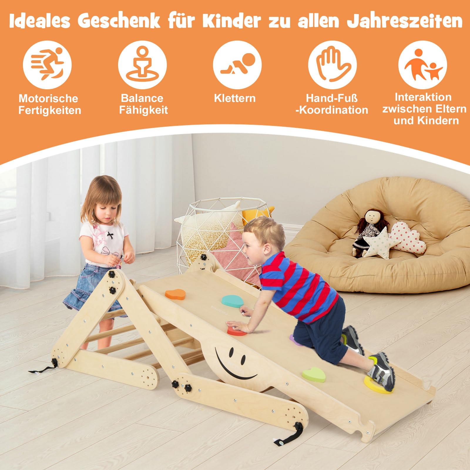 COSTWAY 4 En 1 Triangle D'escalade Enfant Avec Toboggan, Planche D'escalade En Bois Avec Filet Charge 50kg Inclinaison Reglable Interieur Exterieur 1 An Avec Filet Naturel