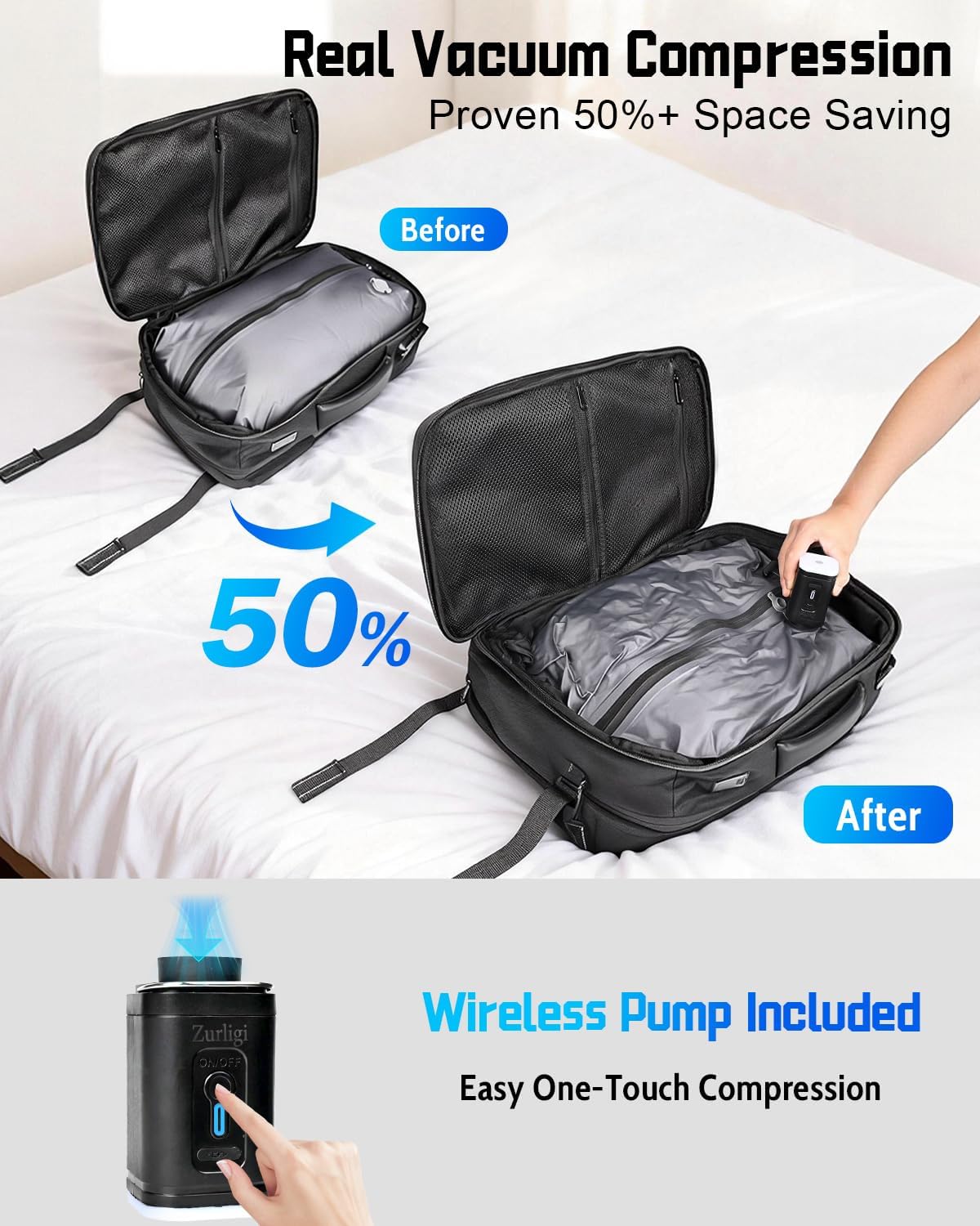 Zurligi Vacuum Backpack for Travel with Pump, 30-70L Expandable Vacuum Seal Compression Backpack, Casual Daypack, TSA-Lock(Vacuum Carry-On, Black) - Image 2