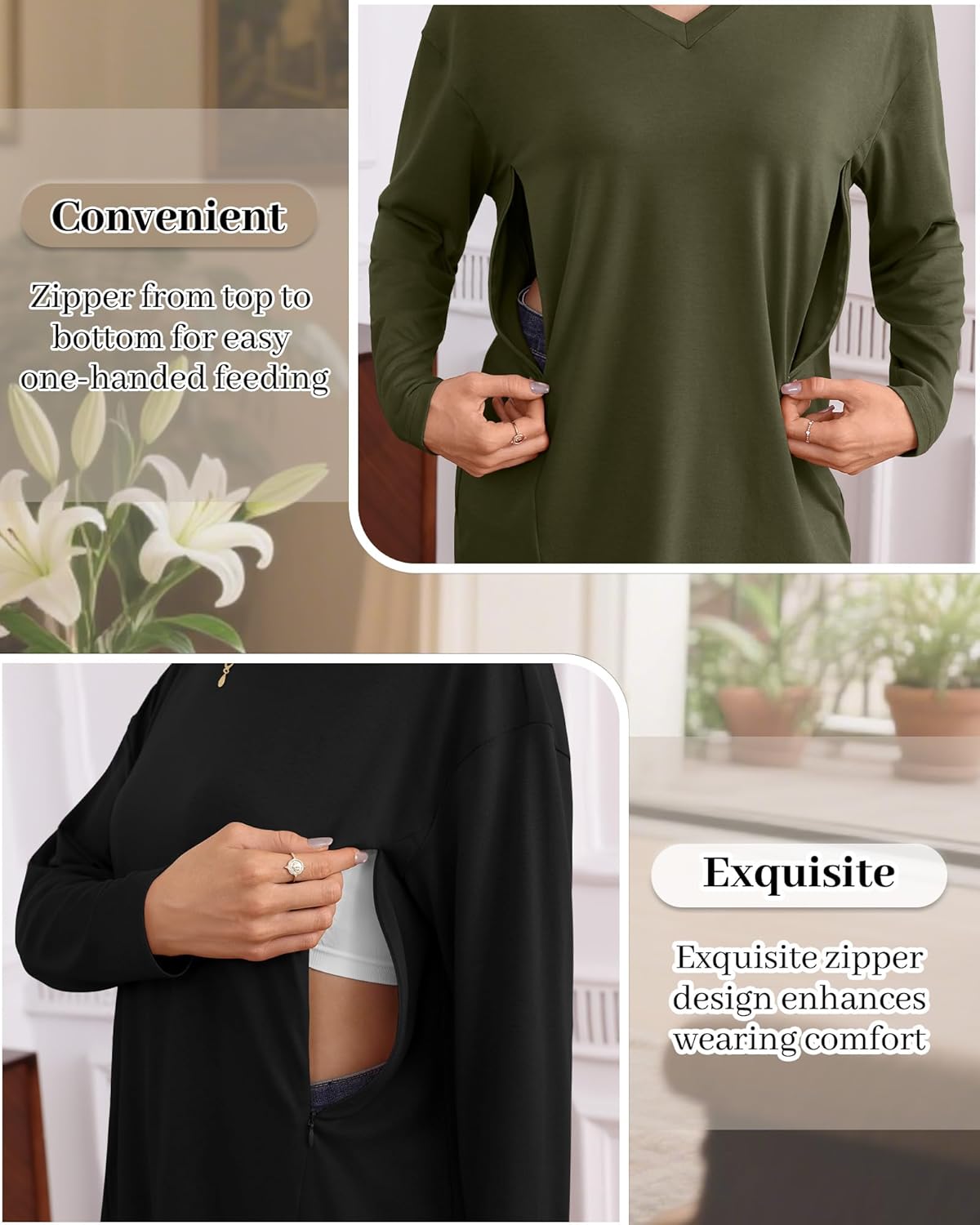 3 Pack Women's Oversize Nursing Shirts for Breastfeeding with Hidden Zippers Loose Fit Long Sleeve Maternity Tops(Khaki, Army Green, Black,Medium) - Image 2