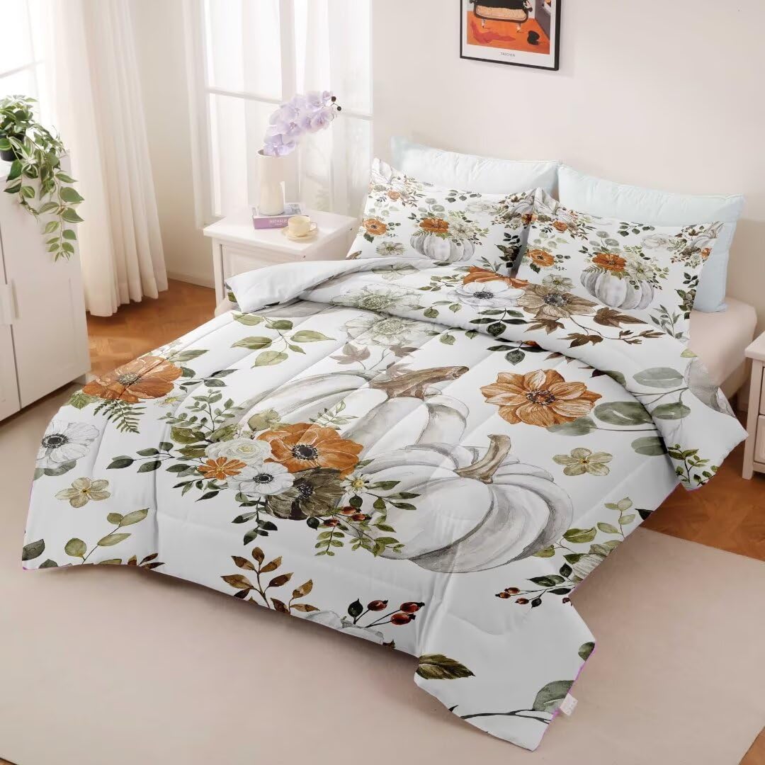 Fall Comforter Set Queen Size(1 Comforter 2 Pillowcases),Fall Pumpkins Bedding Set for Kids Teens Adults,Rustic Floral Quilt All Seasons, Thanksgiving Gift Fall Bed Decor