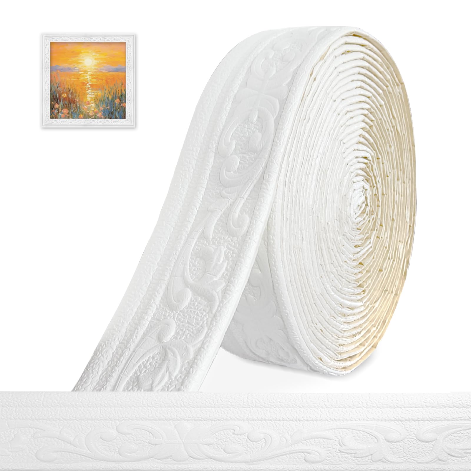 Bordüre Selbstklebend 3D Stuckleisten Wand - 10m x 8cm x 5mm - Zierleisten Selbstklebend, Wasserdicht Wandbordüre, Leisten Selbstklebende, Roll Border Trims für Ecken Linien Decken Dekoration, Weiß