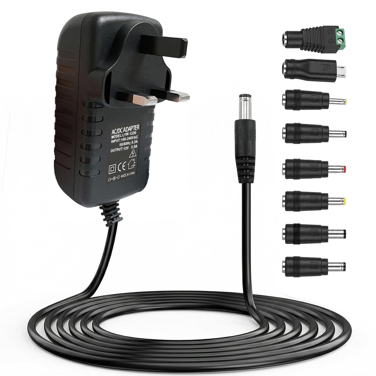 Universal 12V3A Power Supply UK Plug, 36W ACDC Adapter 8 Multi Plug Tips,100–240V 50/60Hz DC Charger Cable for LED Strips, Router, CCTVCamera, Laptop, Baby Monitor,MP3/MP4 and Home Electronics