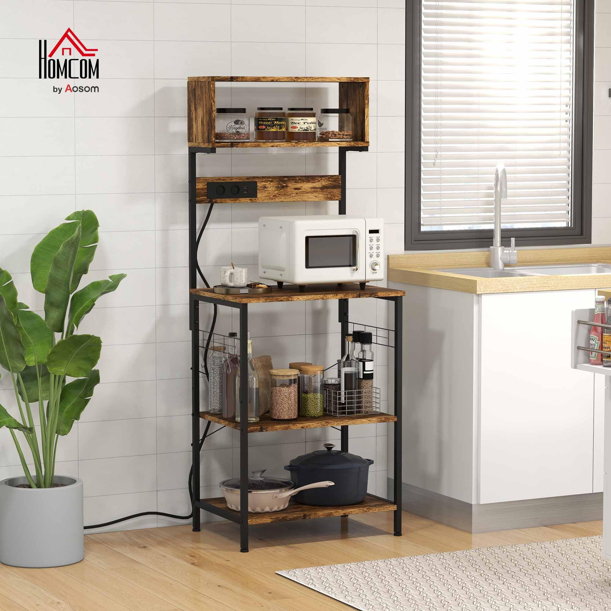 HOMCOM Étagère de Cuisine Support pour Micro-Ondes Meuble de Rangement Industrielle avec 2 Prises USB et Prise de Courant, 5 Crochets, Étagère Réglable, 60 x 42 x 153 cm, Marron Rustique