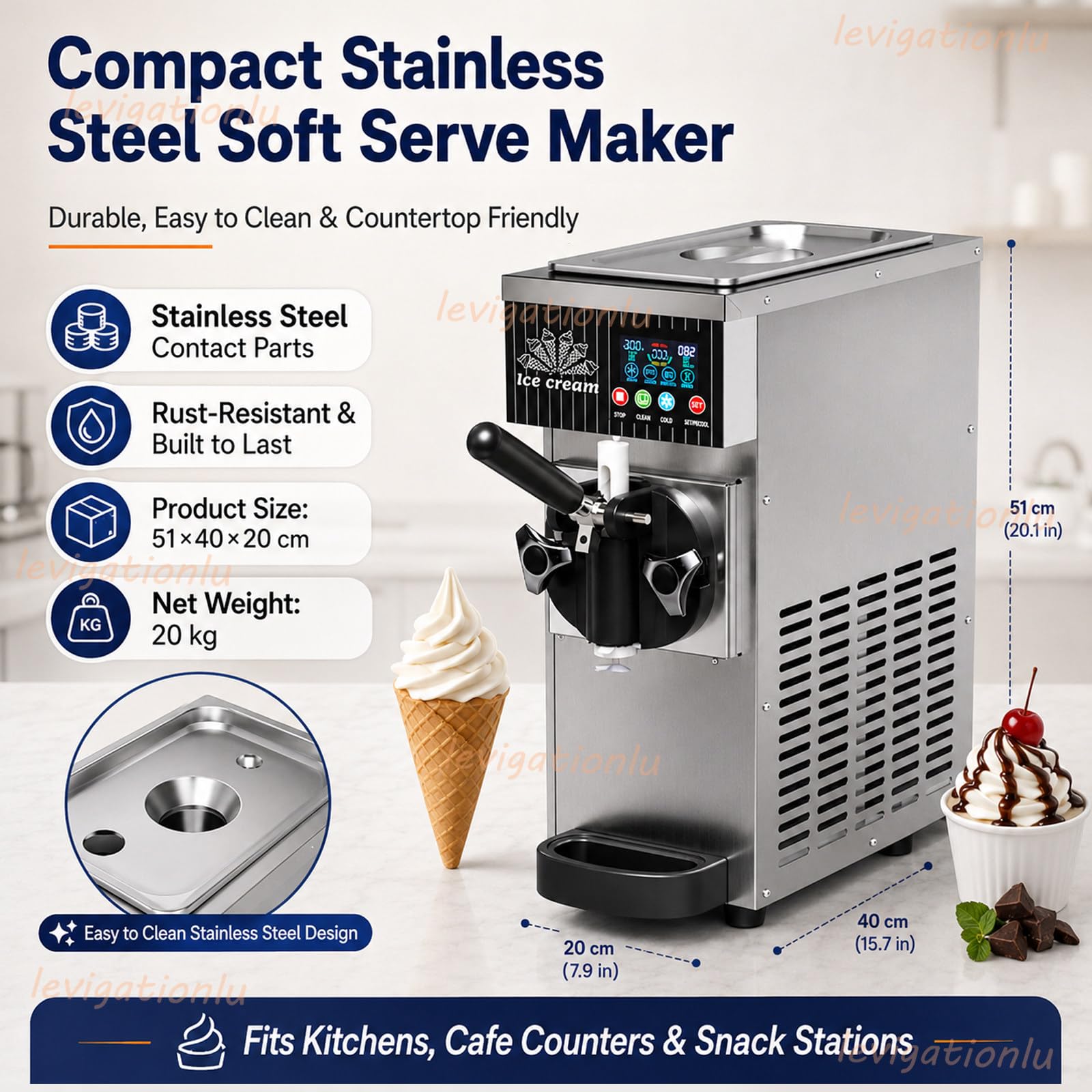 Máquina De Helado Soft para Casa, 4-5 L/H Máquina para Hacer Helados con Pantalla LCD, Preenfriamiento Y Limpieza Automática, para Tarrinas, Sorbetes, Postres Y Cucuruchos White