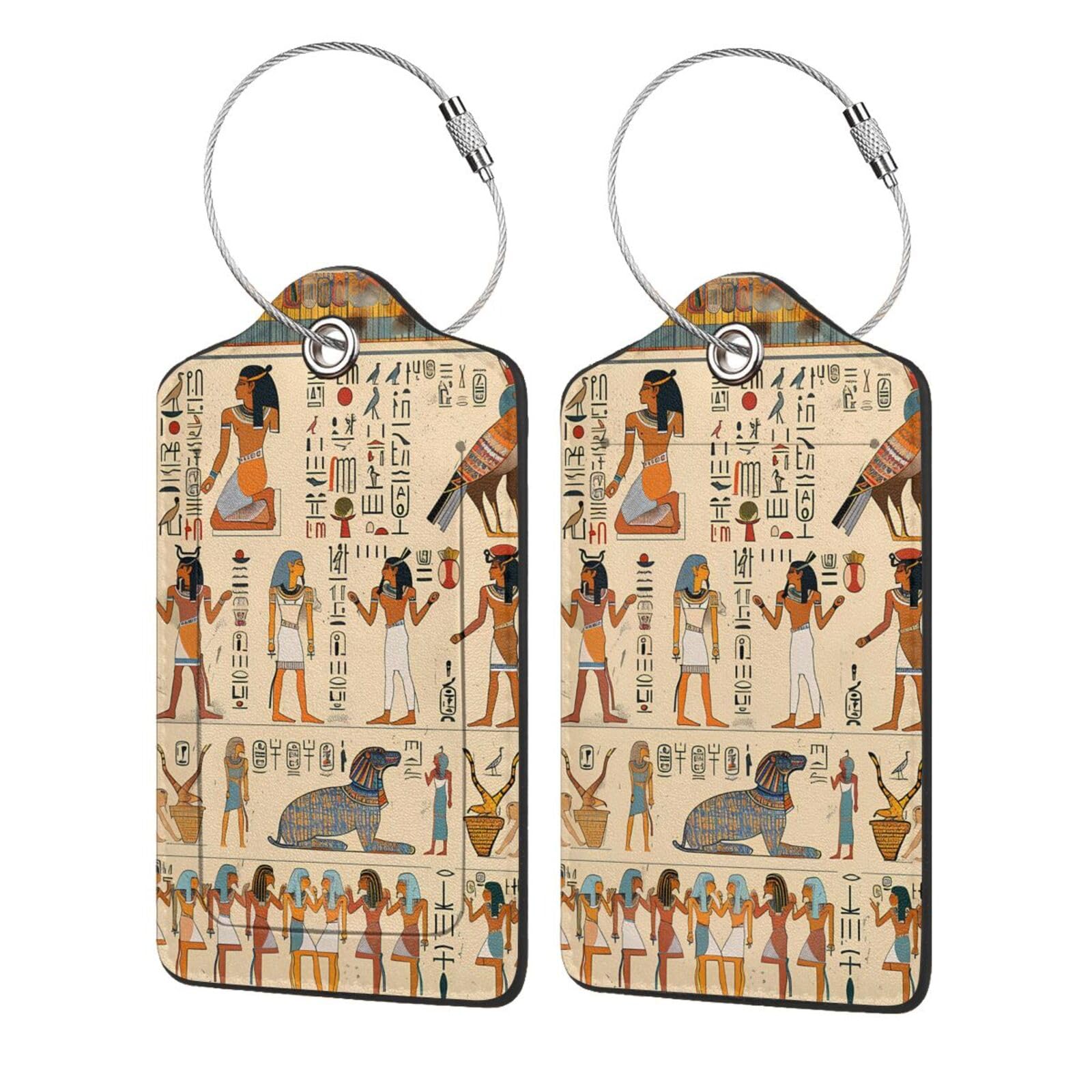Edafol Egyptian Hieroglyphs Egypt Themed 4 Pack Luggage Tags for Suitcases TSA Approved PU Leather Suitcase Tag with Steel Loop Privacy Cover ID Label