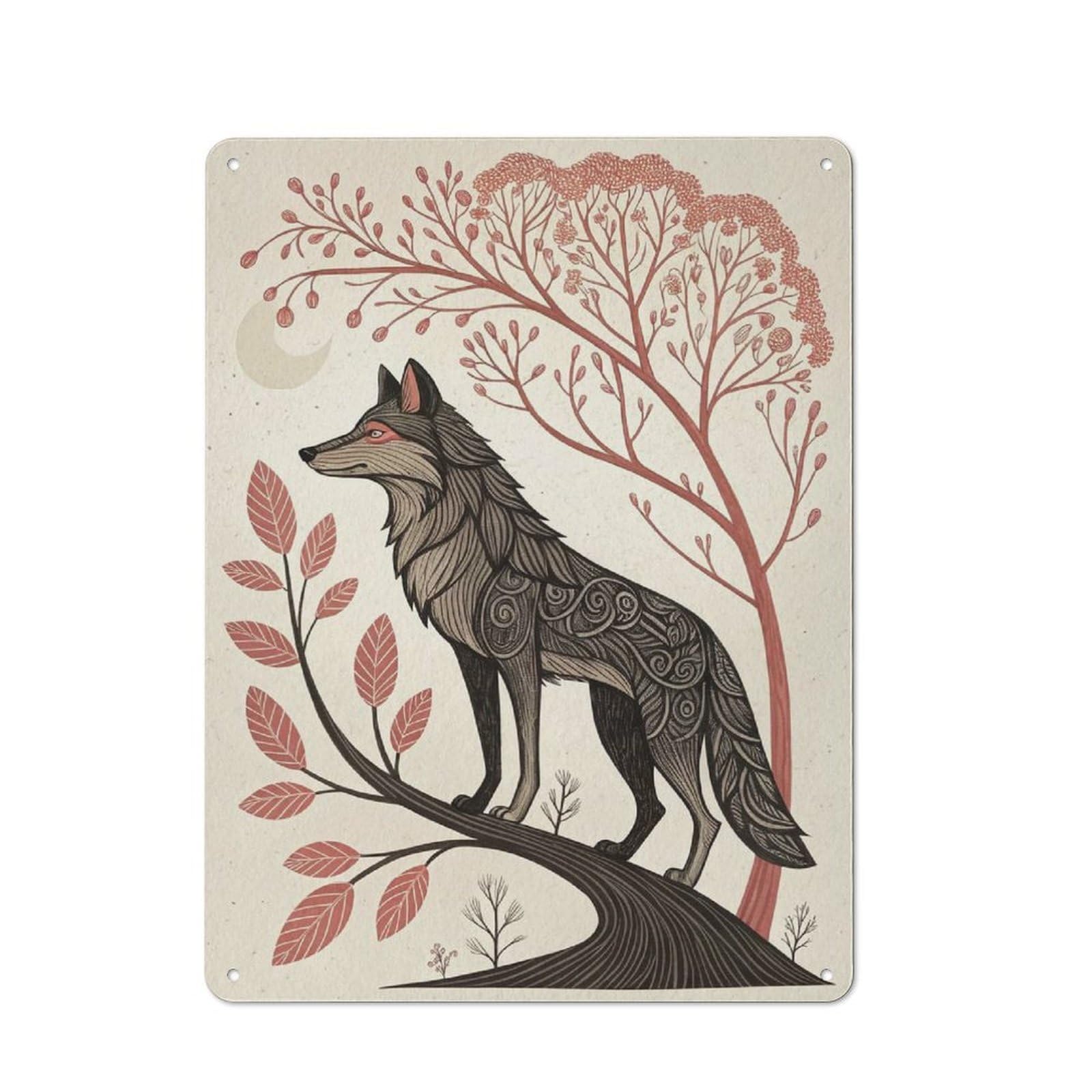 Junmoney Style-24 Casual Stylized Wolf On A Branch Shed Metal Sign 40X30cm, Shed Wall Decor For Greenhouse, Garden Room, Cafe Or Entryway