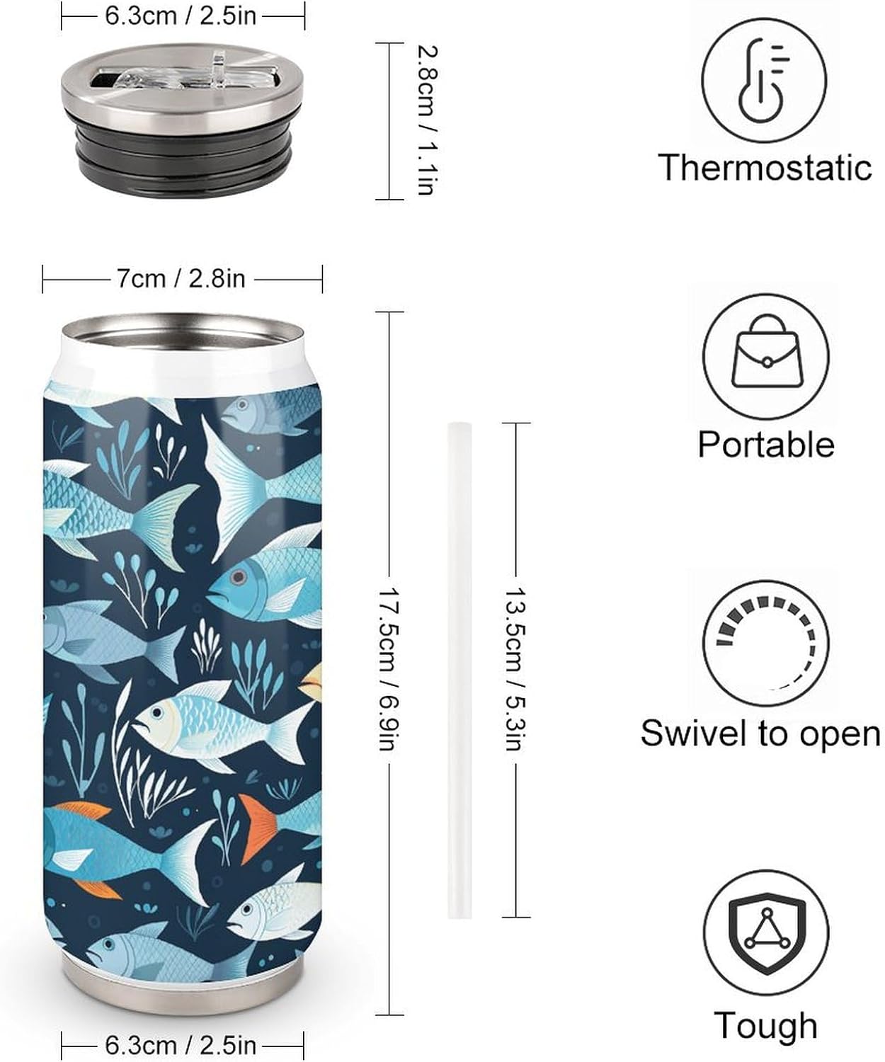 Stainless Steel Cups Fishes Pattern Printed Coke Cup Stainless Steel Insulated Cups with Lid And Straw