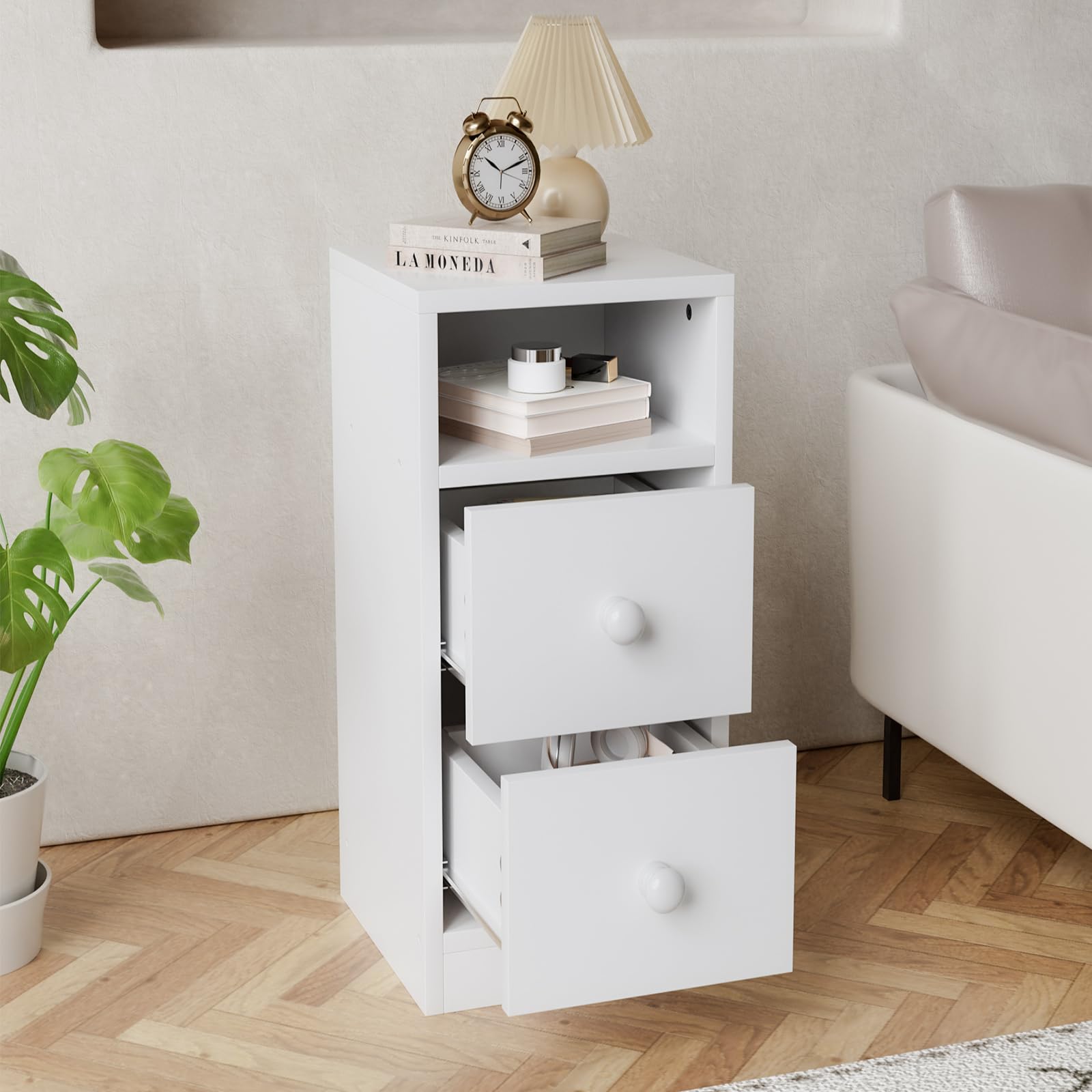 Table de Chevet Étroite Lot de 2, Tables de Nuit Blanc