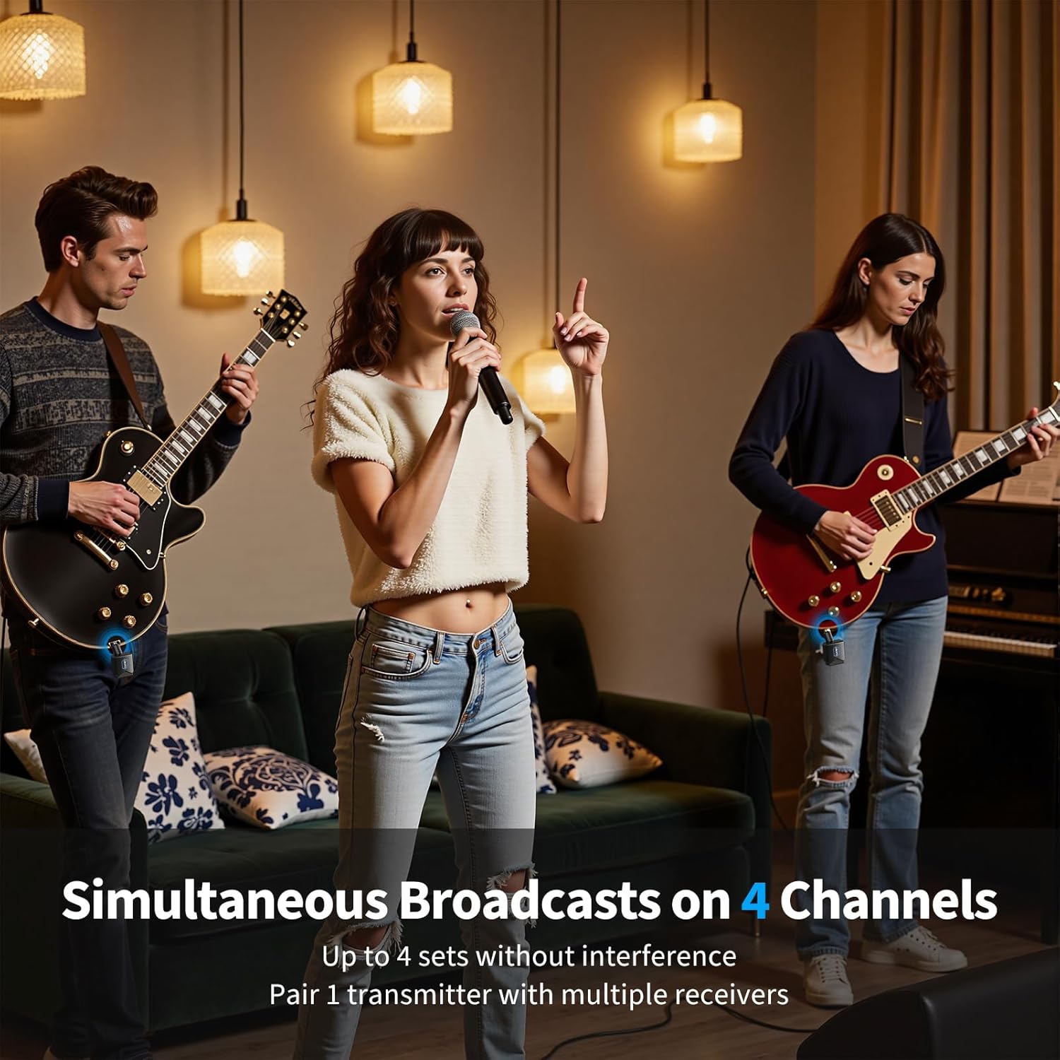 LEKATO 5.8GHz Guitar Wireless System showing simultaneous broadcasts on 4 channels