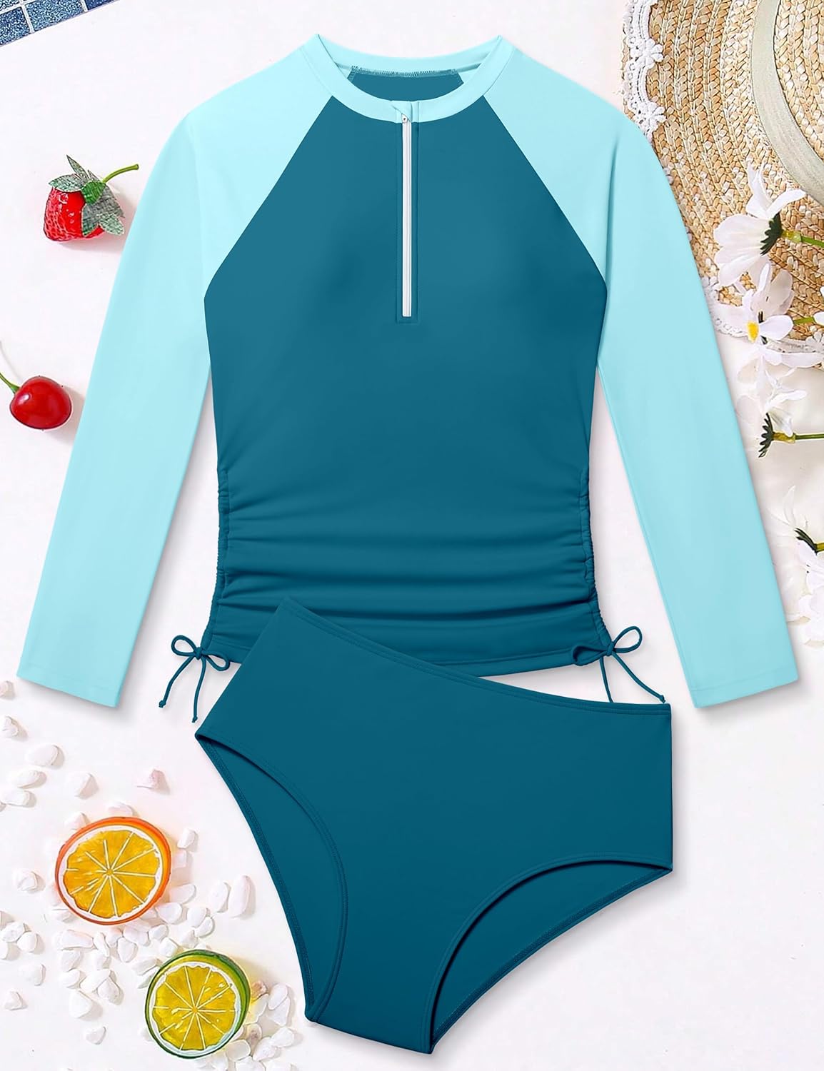 Oranchids Girls Rash Guard Swimsuit Long Sleeve Swimsuit Two Piece Color Block Ruched Bathing Suit Zip Girls' Swimwear 7-14Y