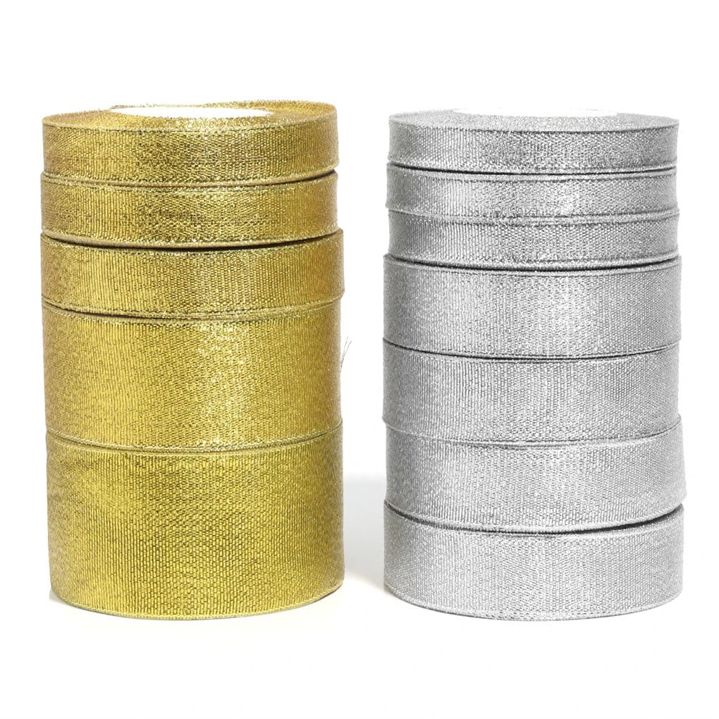 Rollo de cintas doradas y plateadas de 6 a 50 mm, cinta de satén con purpurina para manualidades, pasteles, bricolaje, decoración de boda, cinta plateada de 1,2 cm