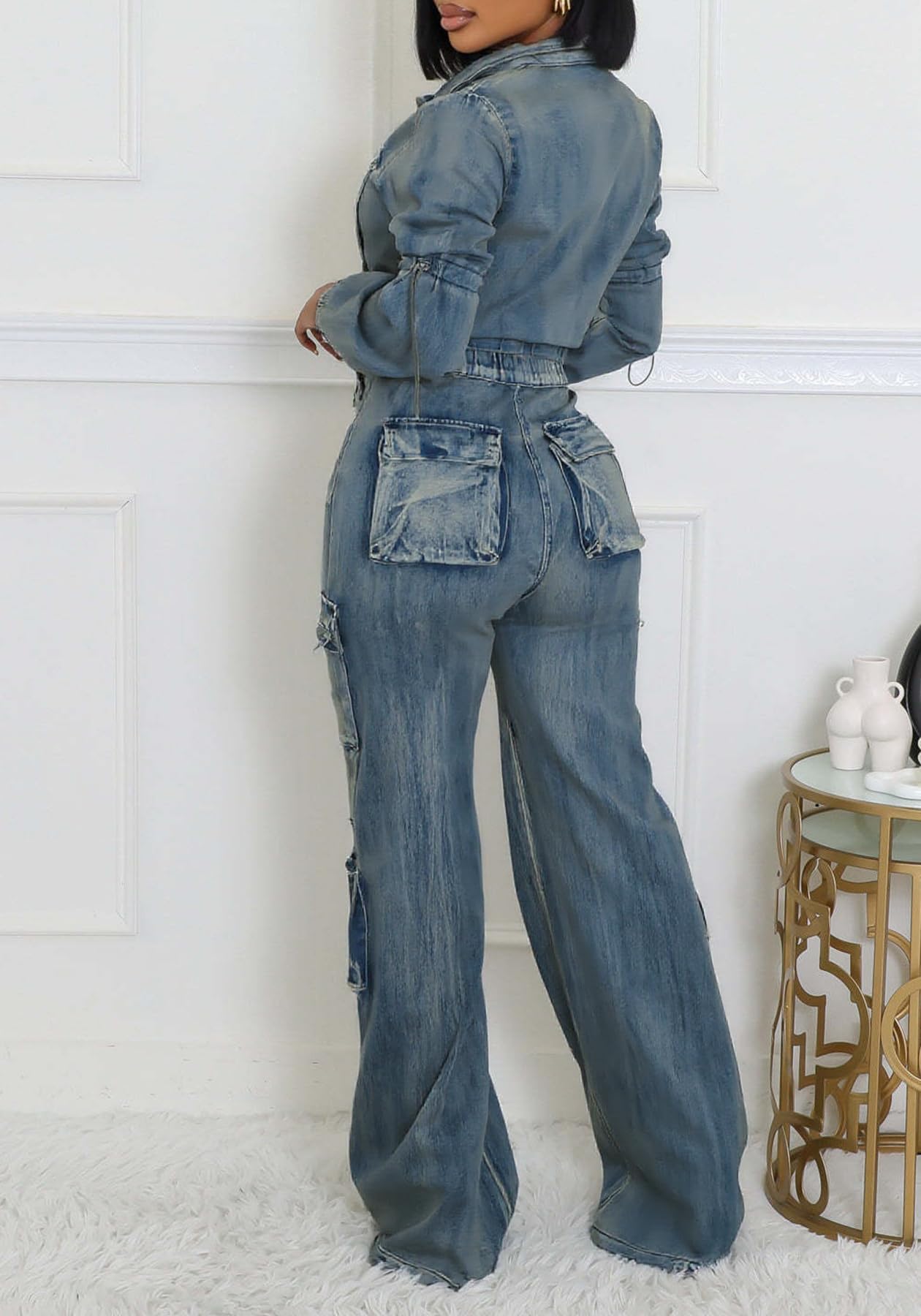 Tbahhir Conjunto de 2 piezas para mujer, trajes de mezclilla de manga larga, pantalones cargo con bolsillos, Y2k