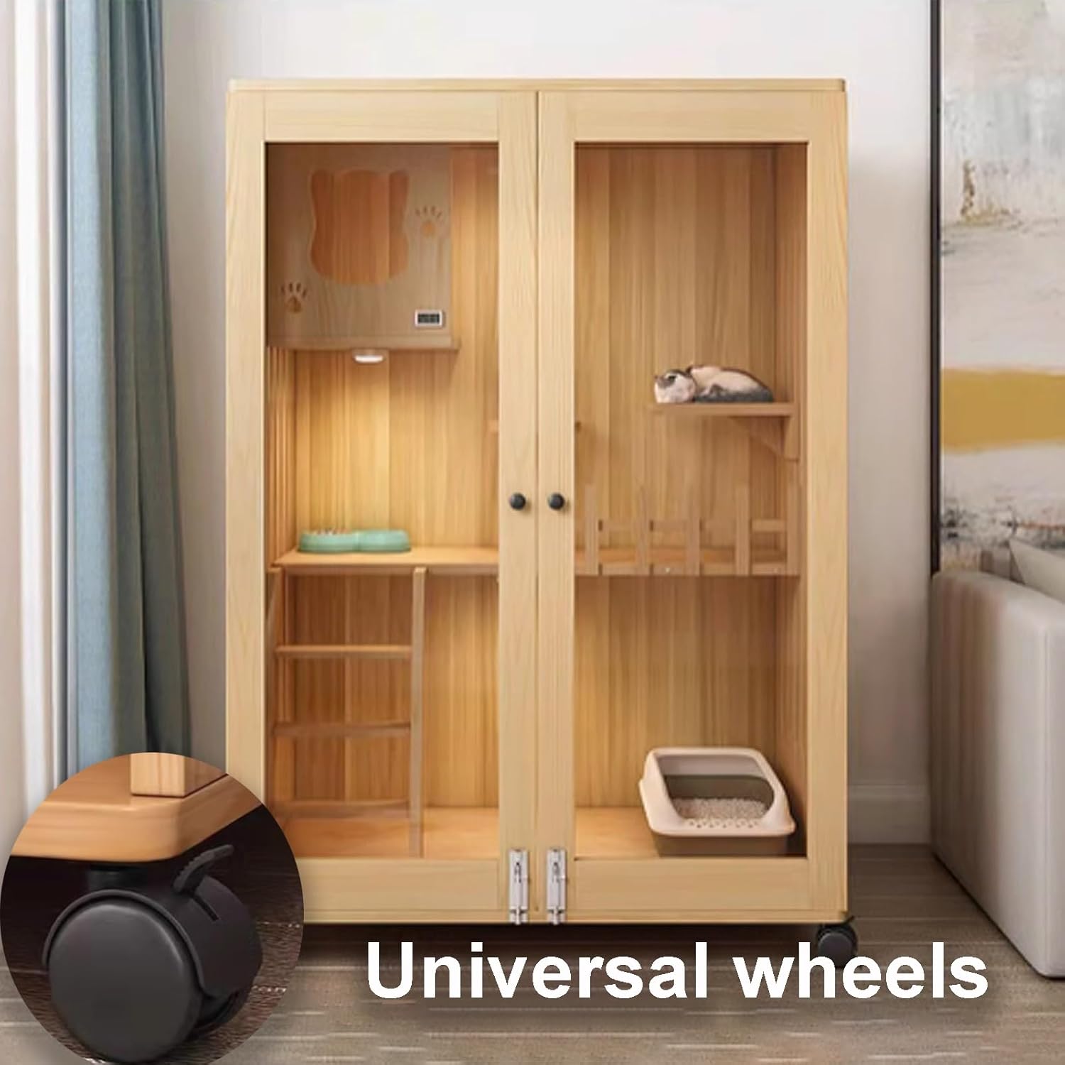 Cat Cage Wood, Enclosed Cat Playpen, Cat Crates for Indoor Cats, Cat Enclosures Indoor with Wheels for Ferret, Chinchilla, Rabbit, Small Animals(90x60x120cm)