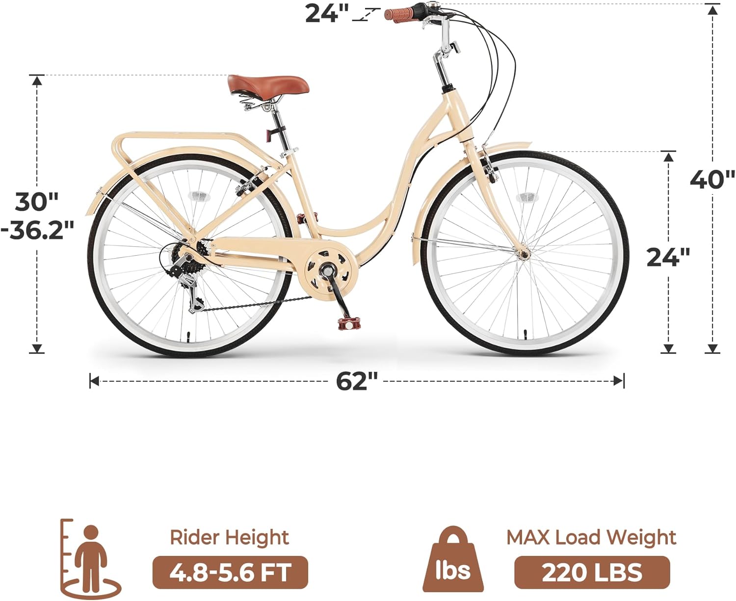 Seray Cruiser Bike 7-Speed City Commuter Bicycle with Step-Through Frame, 24/26 inch Classic Comfort Beach Cruiser with Rear Rack for Adult Women & Men, Steel Frame Bike with Ergonomic Upright Design