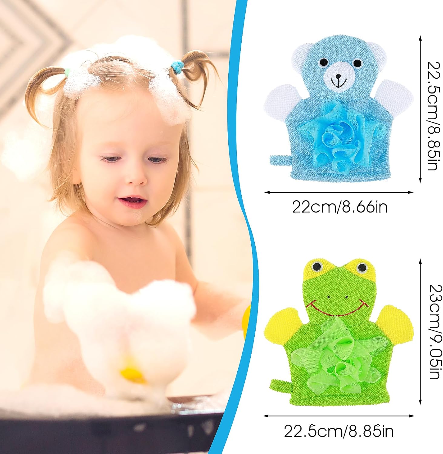 2 Pcs Kids Shower Loofah Cute Animal Kid Bath Gloves Loofah Body Scrubber for Showers Kids Sponges Exfoliating Bath Mitt Shower Washing Gloves for Baby Gentle Soft and Easy to Lather (Bear Frog) - Image 7