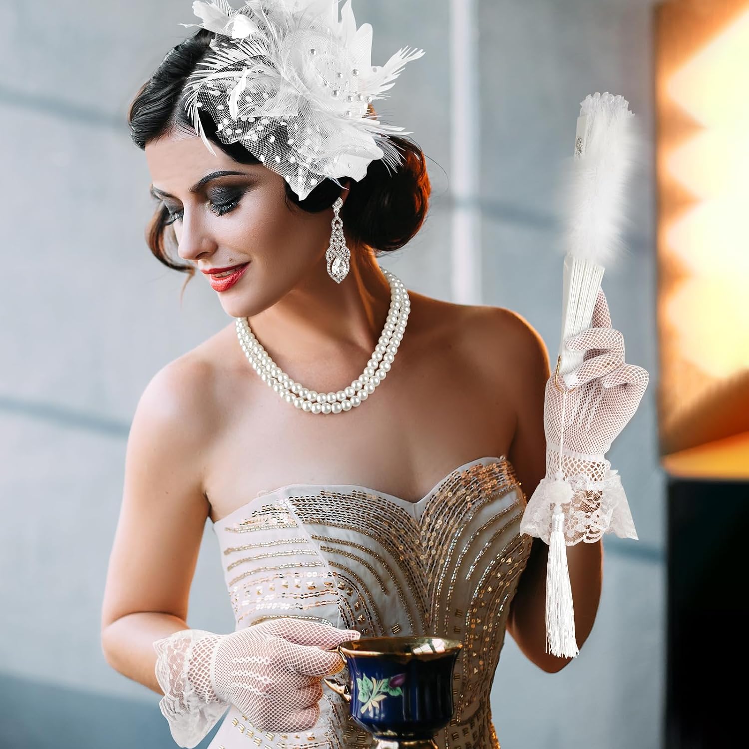 Mototo 6 Set Fascinator Hats for Women Tea Party Gloves Set Include Mesh Hats Lace Gloves Pearl Necklace Earring for Women
