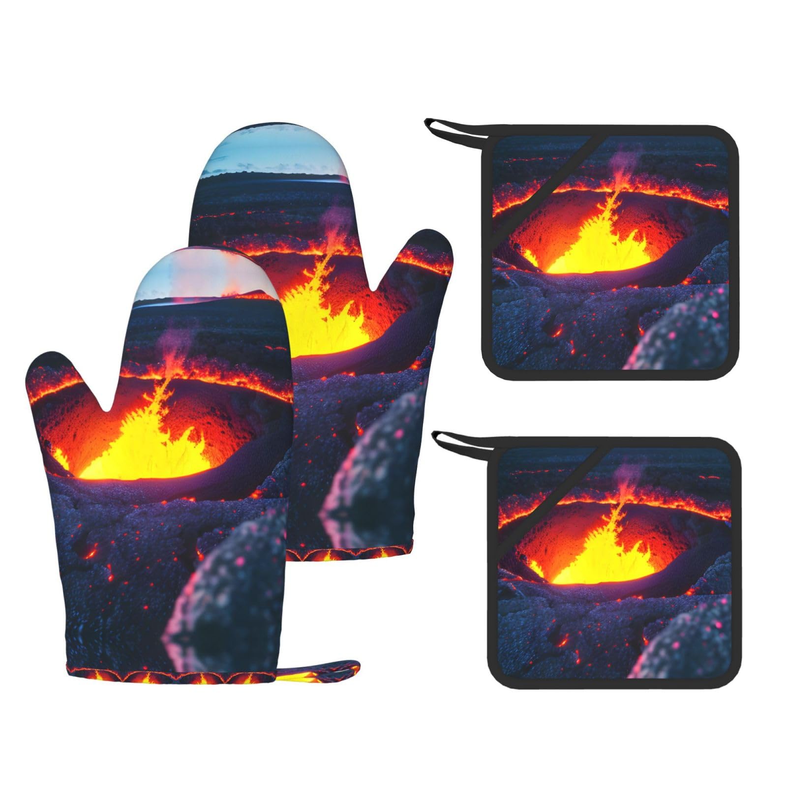 Kilauea Volcano Printed Oven Mitts with Pocket and Hot Pads, Silicone Non-Slip Kitchen Gloves for Baking BBQ