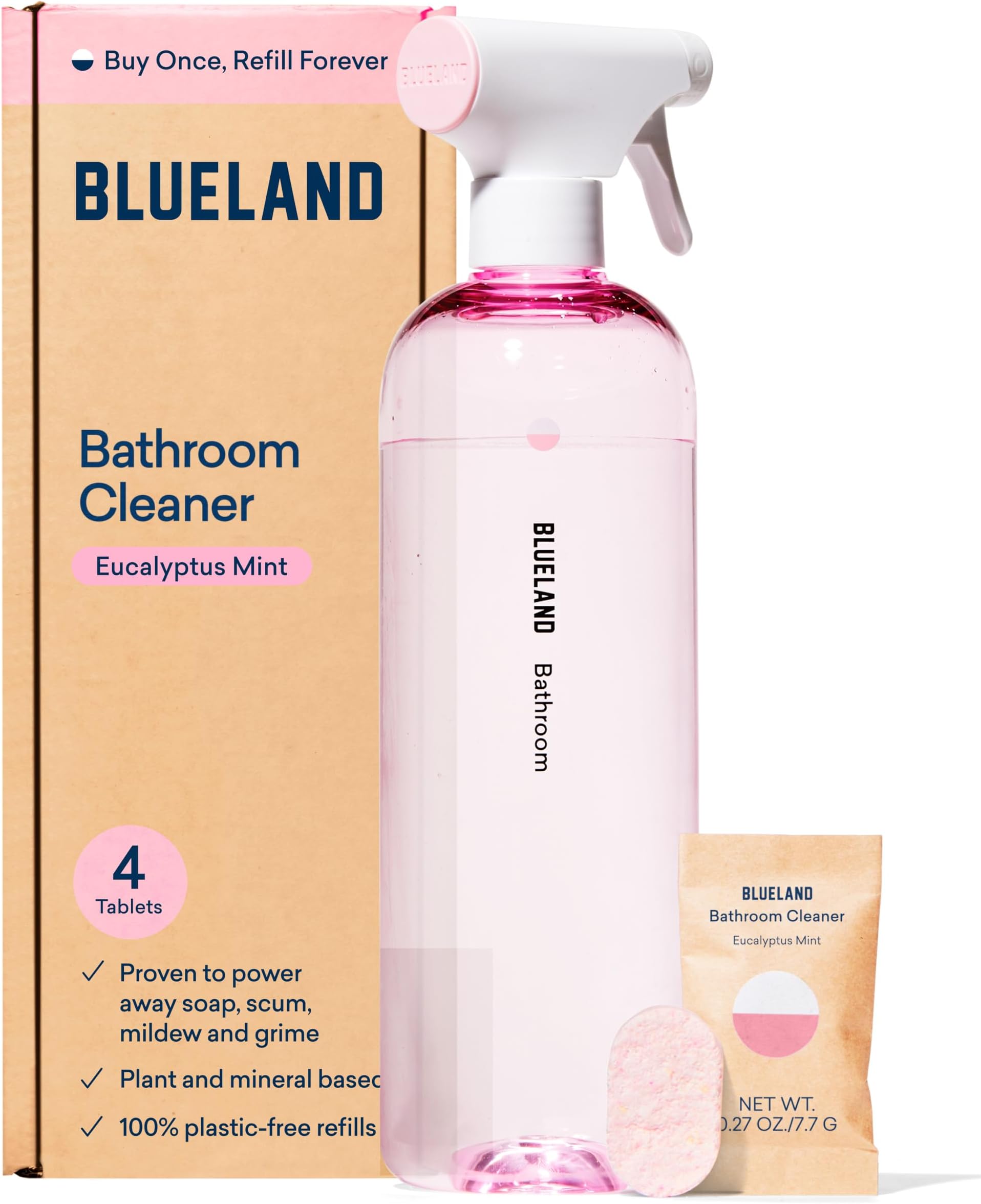 BLUELAND Bathroom Cleaner, Starter Set, Eucalyptus Mint Scent, Spray Bottle with 4 Refill Tablets, Eco-Friendly Cleaning Supplies, 4 x 24 Fl oz