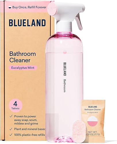 BLUELAND Botella de spray de limpieza de baño con 4 tabletas de repuesto, productos ecológicos y suministros de limpieza, aroma a menta de