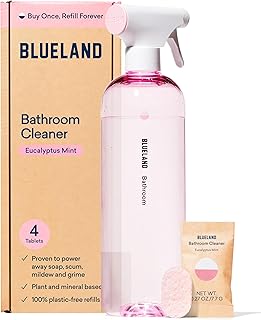 BLUELAND Bathroom Cleaner, Starter Set, Eucalyptus Mint Scent, Spray Bottle with 4 Refill Tablets, Eco-Friendly Cleaning Supplies, 4 x 24 Fl oz