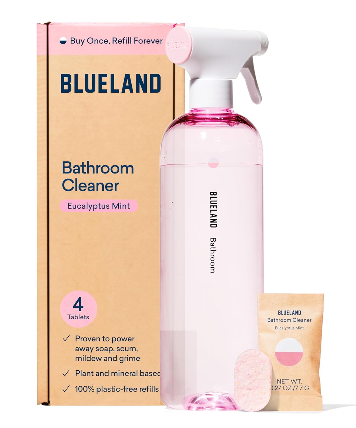 BLUELAND Bathroom Cleaner Starter Set Eucalyptus Mint Scent Spray Bottle with 4 Refill Tablets Eco-Friendly Cleaning Supplies 4
