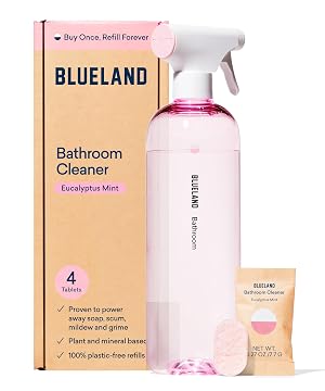 BLUELAND Bathroom Cleaner Starter Set Eucalyptus Mint Scent Spray Bottle with 4 Refill Tablets Eco-Friendly Cleaning Supplies 4