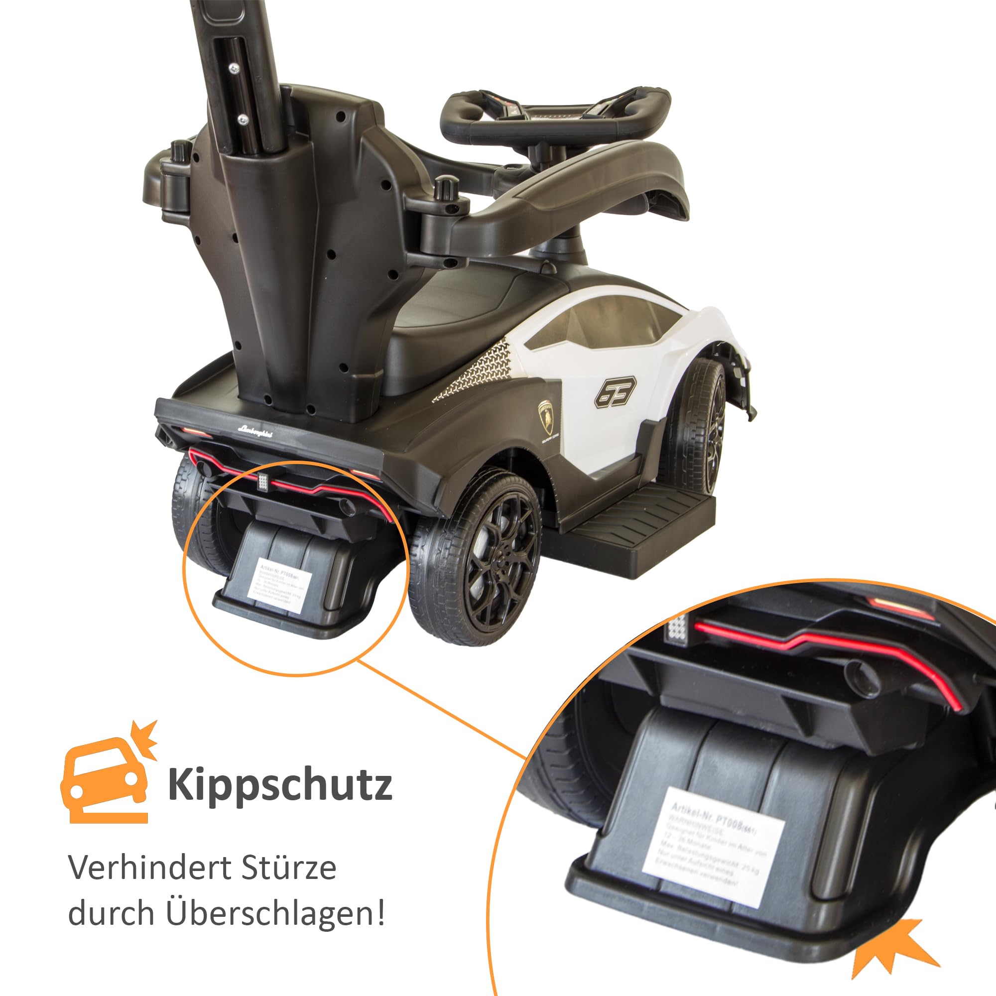 Lamborghini Rutschauto mit Schiebstange ab 1 Jahr | Rutschfahrzeug mit Sicherheitsbügel | Schiebeauto Lamborghini in weiß| Lenkung via Stange möglich | Staufach | Fußablage | Sound
