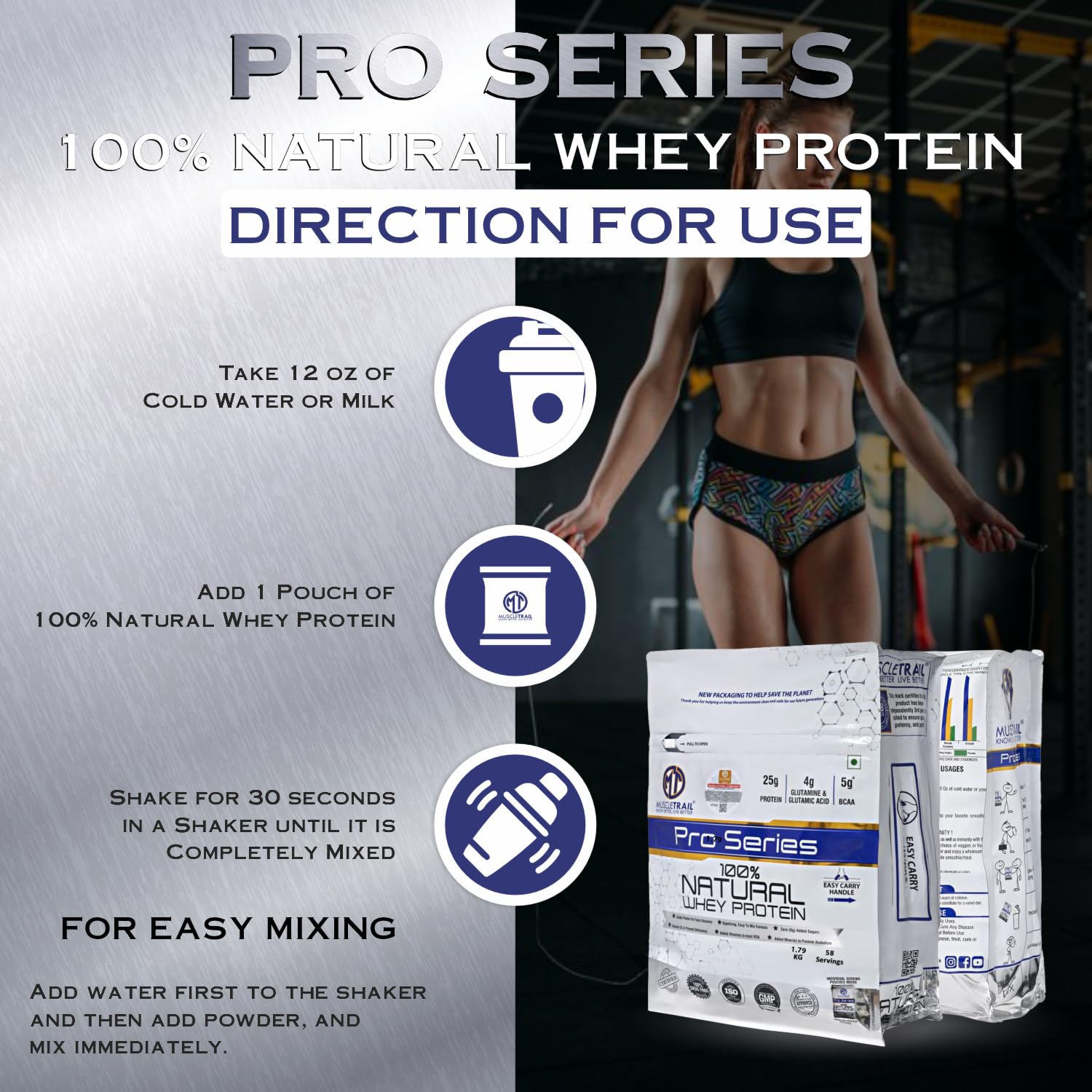MuscleTrail Pro Series Whey Protein, 50 Pouches, 25g Protein, Isolate Source, Low Carb, 4g Glutamine & Glutamic Acid, 5g BCAA (1.79kg, Mocca Socca) — Amazon image 4