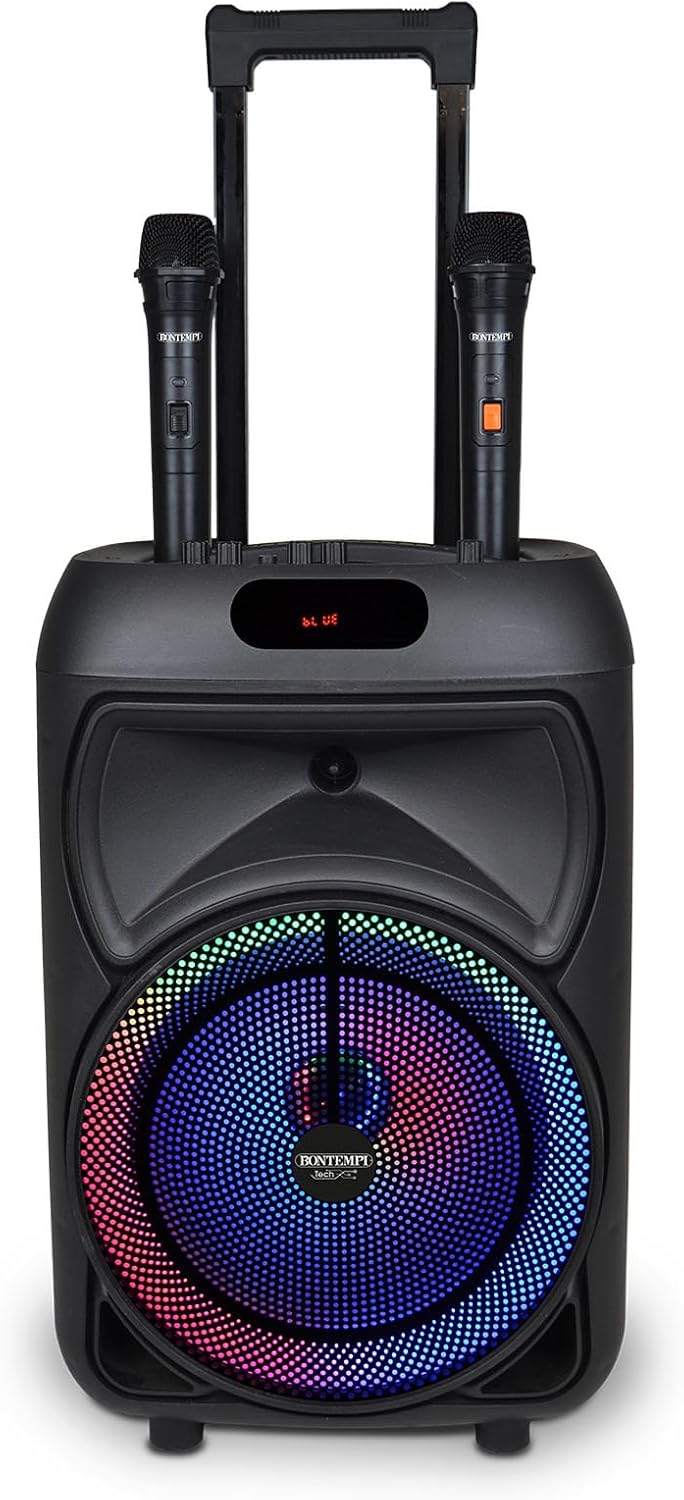 Front view of the Bontempi Wireless Acoustic Trolley Box with two wireless microphones inserted into their holders and the RGB lighting active on the speaker grille.