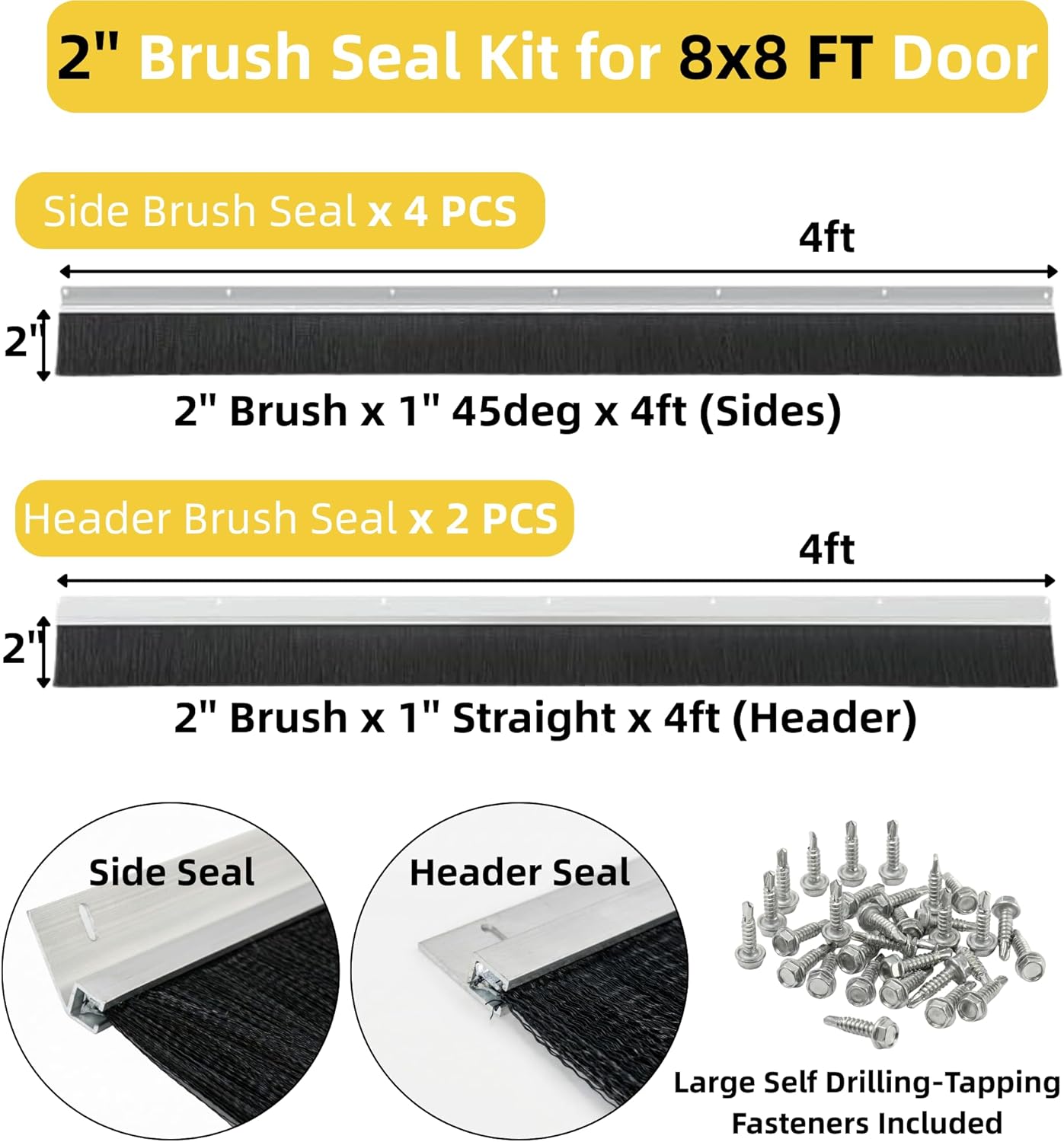 24 FT Garage Door Brush Seal Kit for 8'W X 8'H Doors, 2" High-Density Nylon Bristle with Pre-Drilled Aluminum Track, Complete Top and Side Weather Stripping for Roll Up Doors