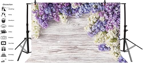 Miniatura 5 de Telón de fondo de madera para bebé recién nacido de 5 x 3 pies, flores moradas lilas, ramo de flores, pared de madera, para niñas y adultos, retrato