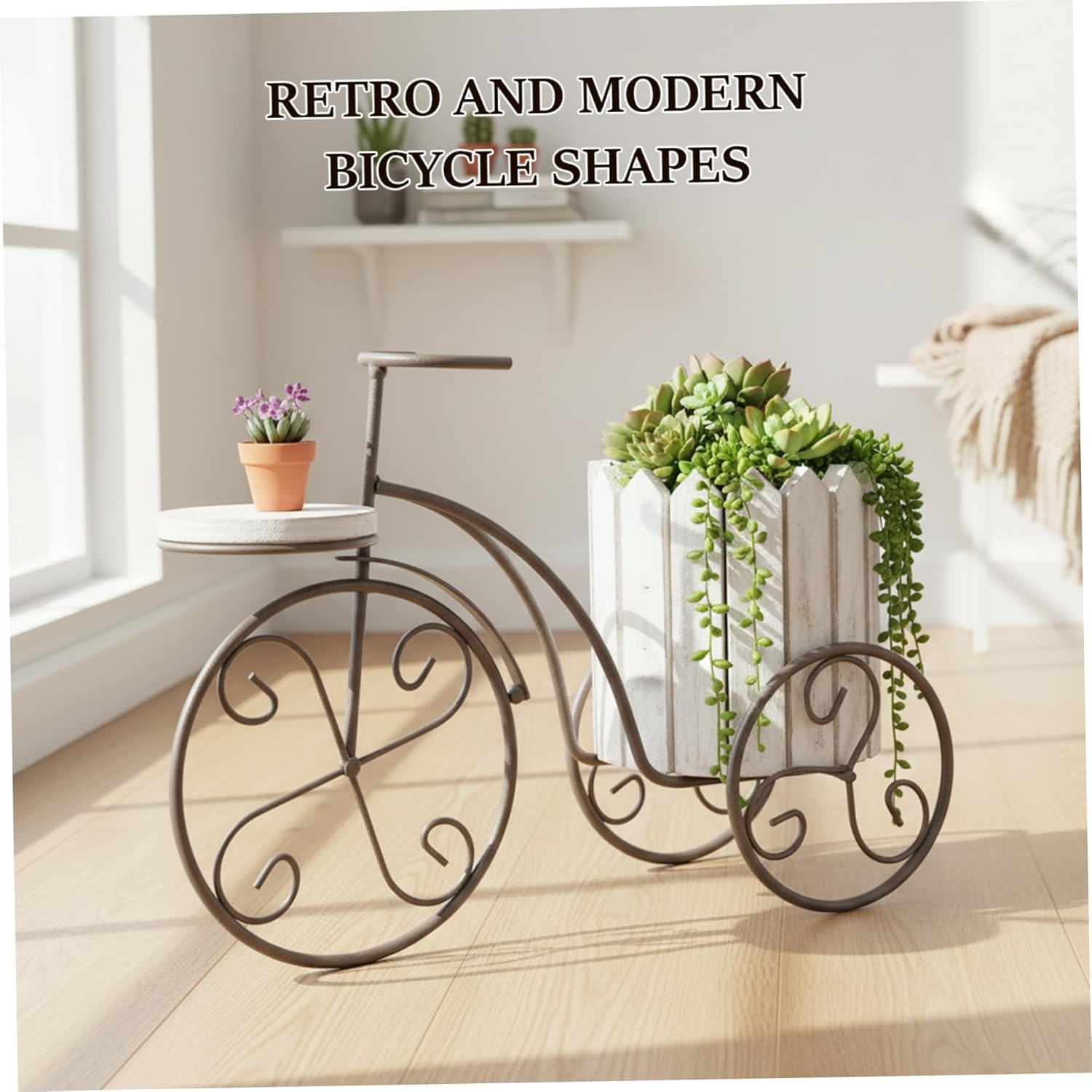 Wrought Iron Plant Stand Vintage Bike Shaped Flower Display Stand for Indoor Outdoor Garden Balcony Patio Decor