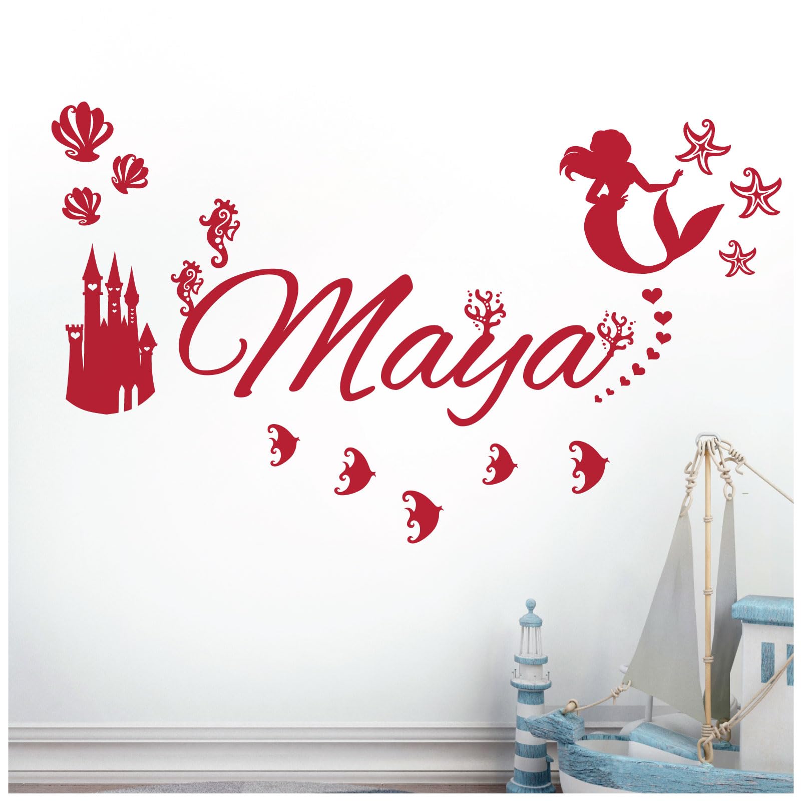 Personalised Name - Little Mermaid Inspired, Ocean, Castle, Starfish - Children's Bedroom Vinyl Wall Decal Sticker [Medium] [Cherry]