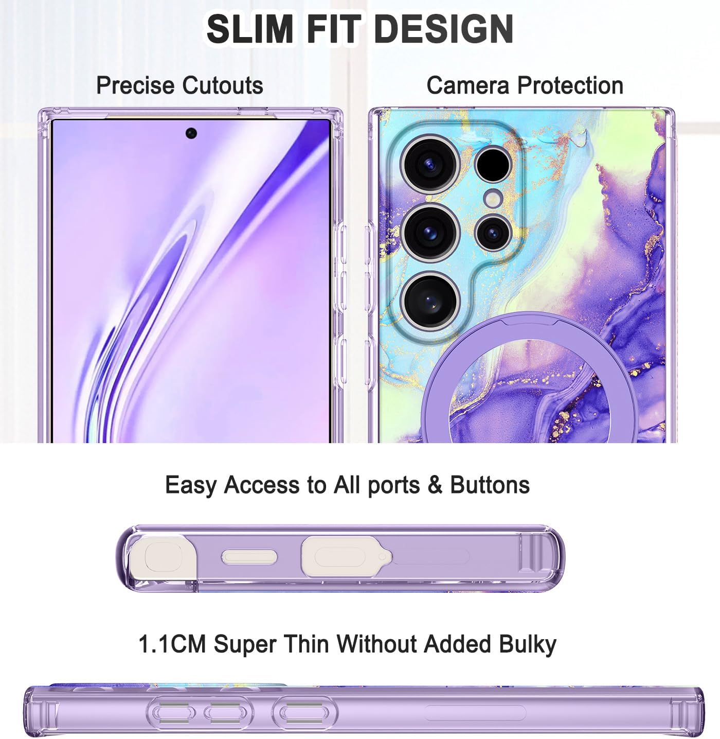 Magnetic for Samsung Galaxy S24 Ultra Case with Invisible Ring Stand [Compatible with MagSafe], Full Body Rugged Slim Women Men Girl Shockproof Marble Pattern Design Case,Cobalt Violet