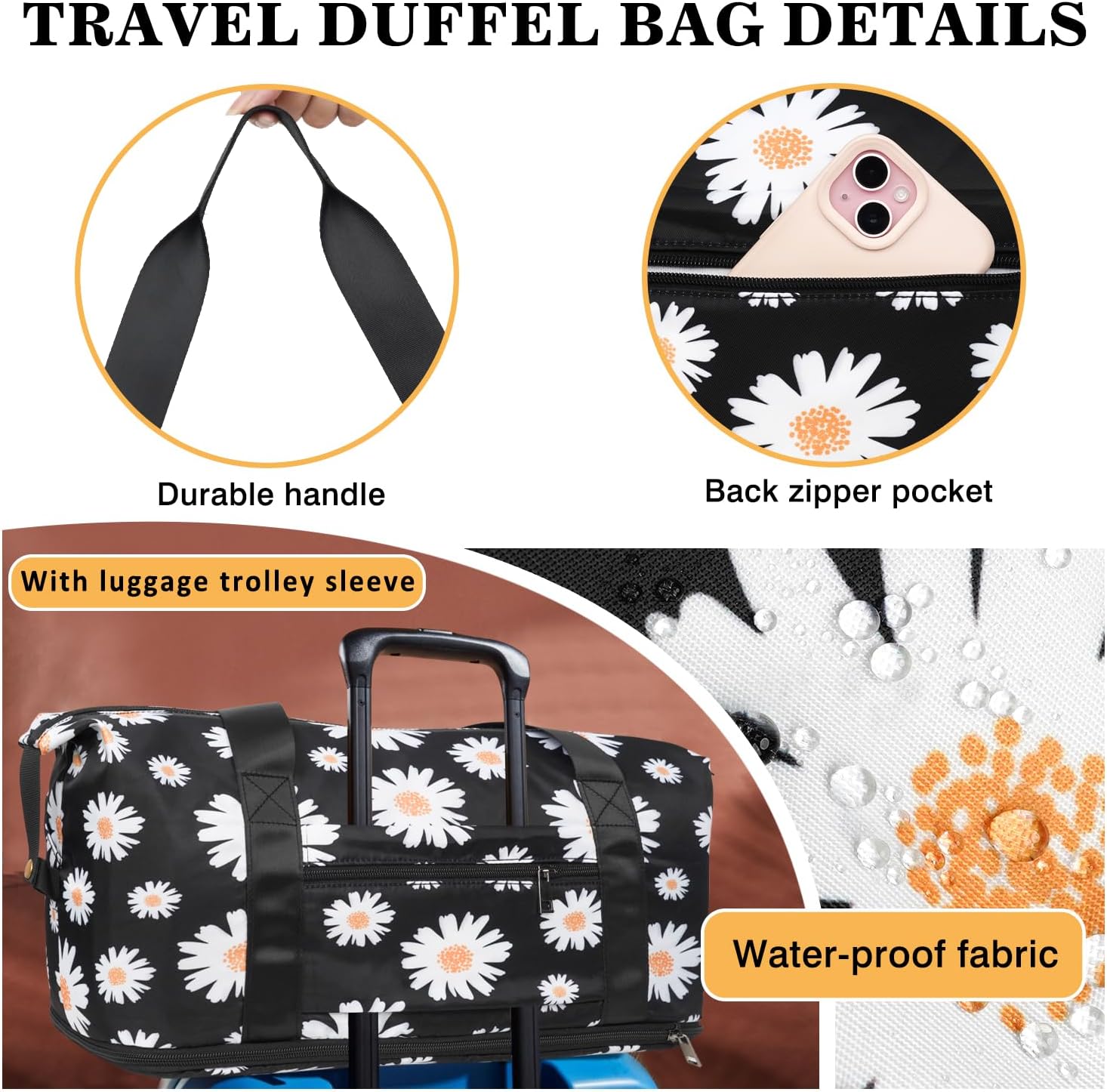 Expandable Travel Duffle Bag for Women Large - Daisy Floral Weekender Bags Waterproof Beach Tote Carry on Bag with Luggage Sleeve for Spirit Airlines Personal Item Bag Overnight Mom Hospital Duffels
