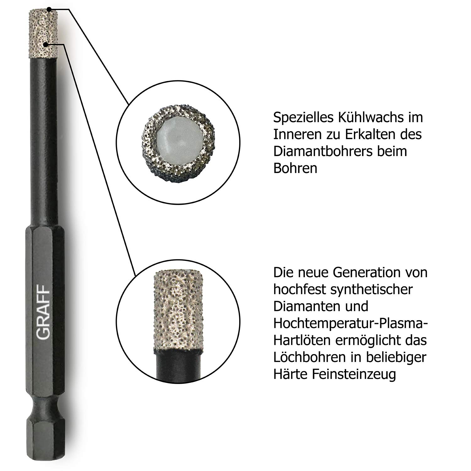 GRAFF Diamond Drill Tile Drill Bit Set 6 I 8 I 10 mm for Tiles Glass Ceramic Granite Stone Porcelain Stoneware Drill Bit with Hex E 6.3 - Image 3