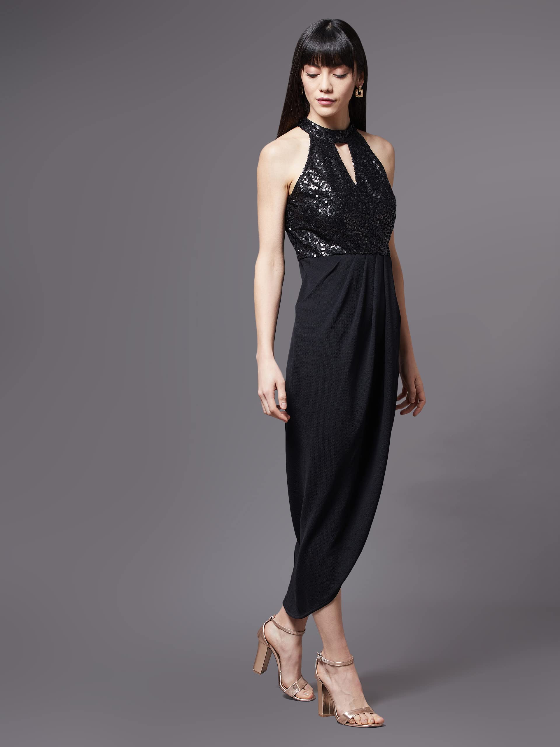 Miss Chase Women's Black Halter Neck Sleeveless Solid Embellished Midi Dress (Mcaw21D13-17-62-06, Black, Xl)