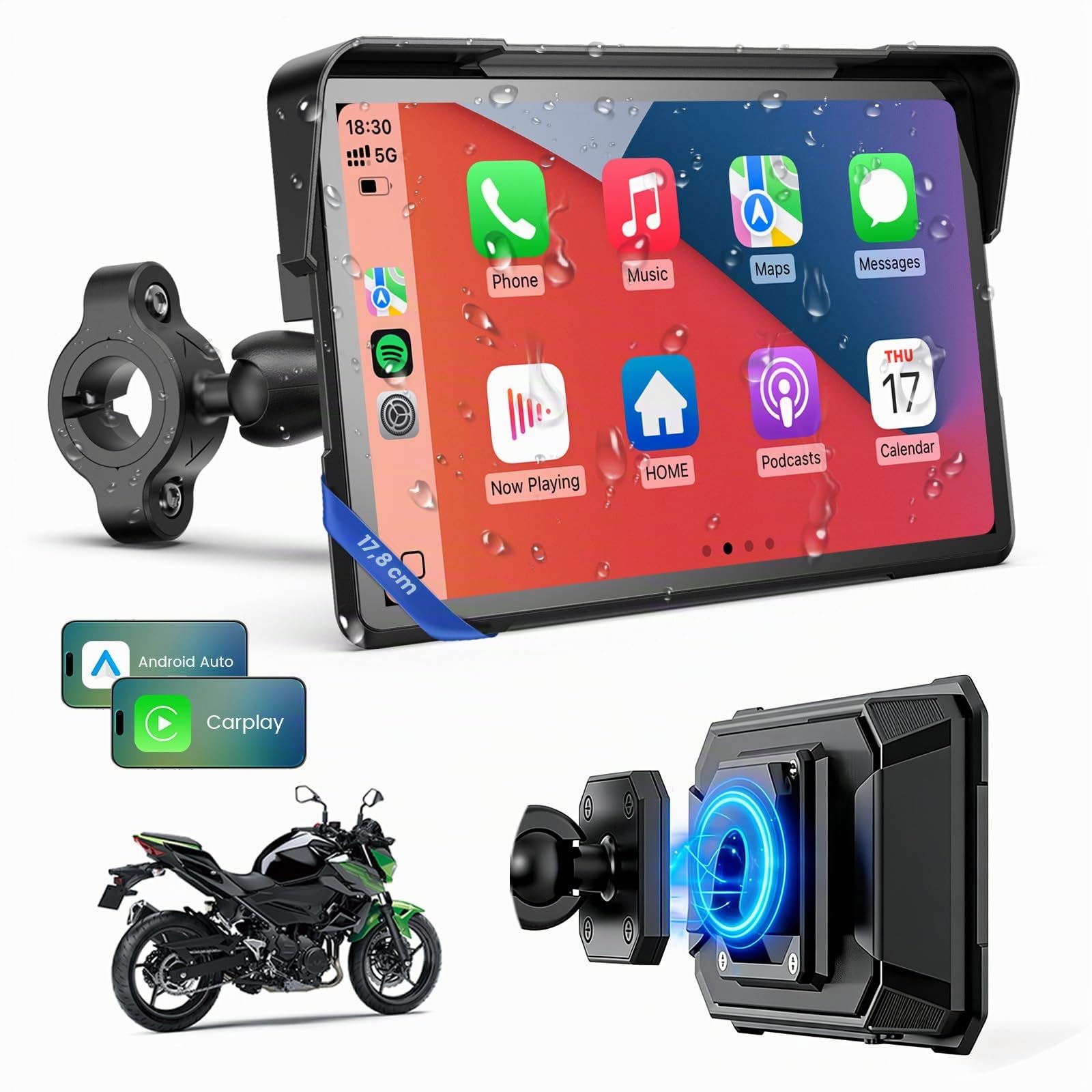 WonVon CarPlay 7 Pouces Système de Navigation GPS pour Moto avec Apple CarPlay et Android Auto écran Portable avec Double Bluetooth, Navigation, Siri, Google Assistant Support magnétique
