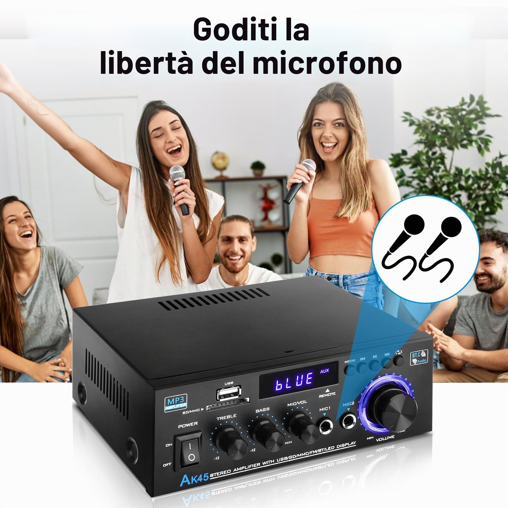 KKMOL Amplificatore HiFi Stereo AK45 - Bluetooth 5.0, Telecomando, 12 V/220 V 400W 2 Canali Amplificatore Audio, Radio FM Portatile, Scheda SD Card/USB, per la casa o per l'auto